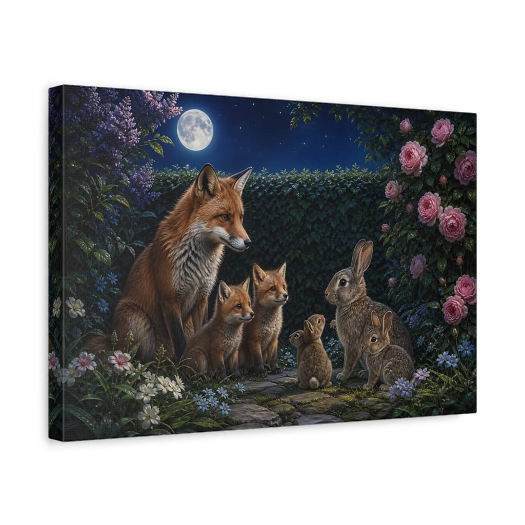 Side Mockup 4. Animals Foxes And Rabbits Moonlit Wildlife shown as canvas print