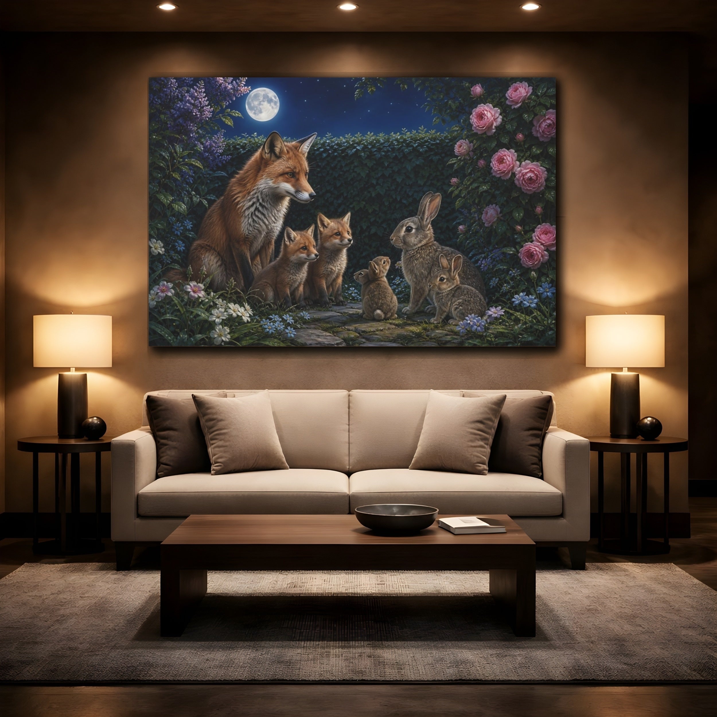 Mockup 2. Animals Foxes And Rabbits Moonlit Wildlife shown as canvas print
