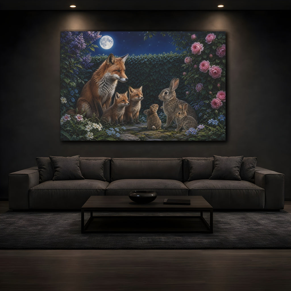 Mockup 3. Animals Foxes And Rabbits Moonlit Wildlife shown as canvas print
