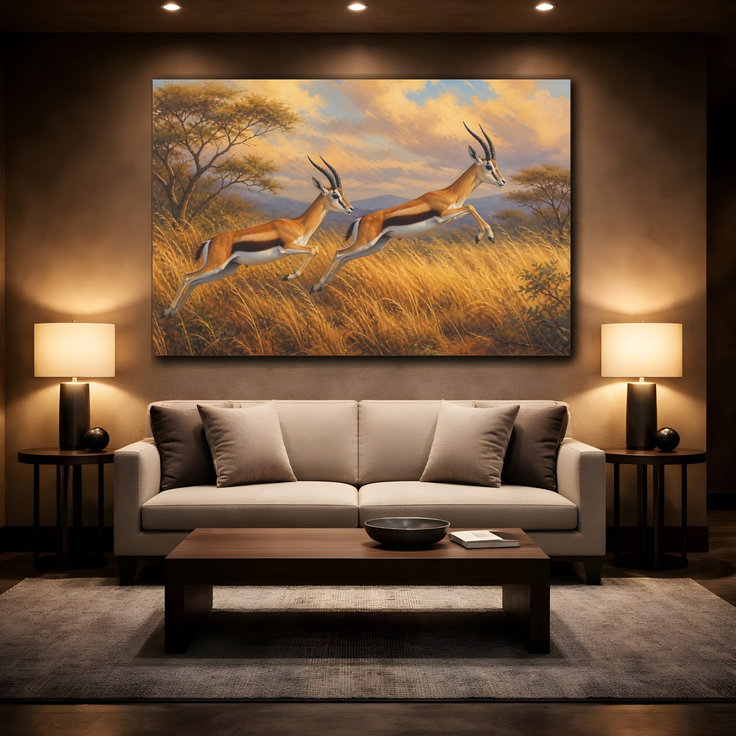 Mockup 2. Animals Gazelles Brown And Gold Wildlife shown as canvas print