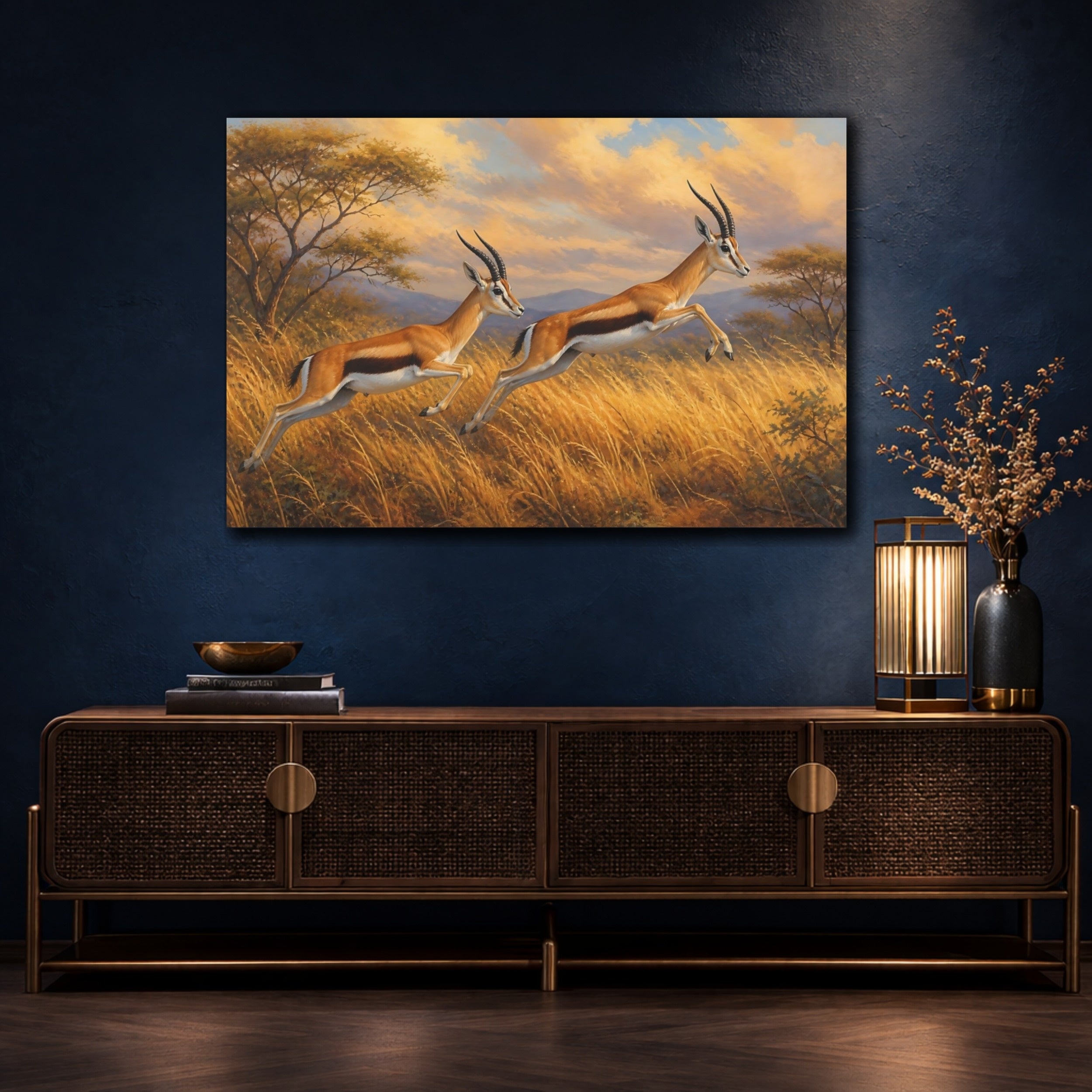 Mockup 4. Animals Gazelles Brown And Gold Wildlife shown as canvas print