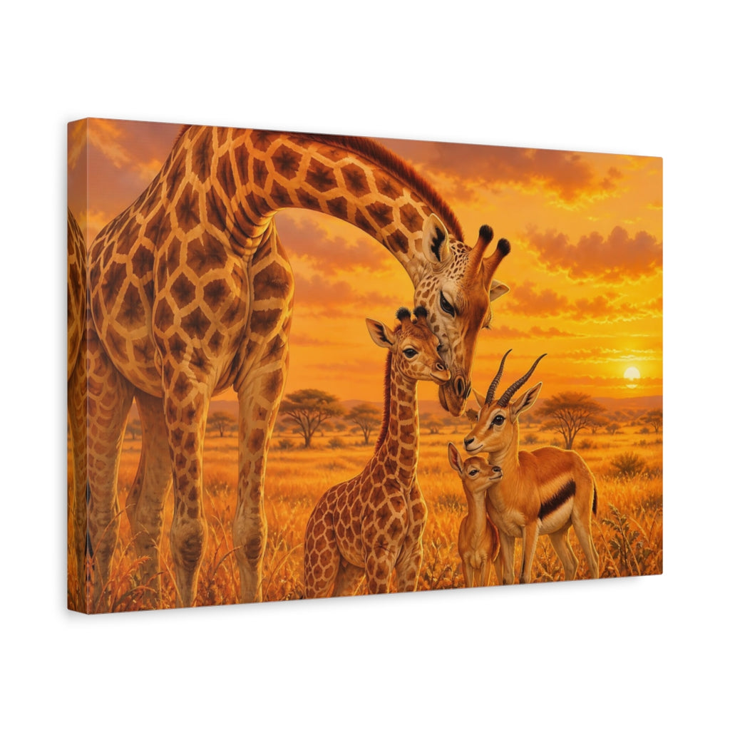 Side Mockup 4. Animals Giraffes Gazelles Orange Yellow Brown shown as canvas print
