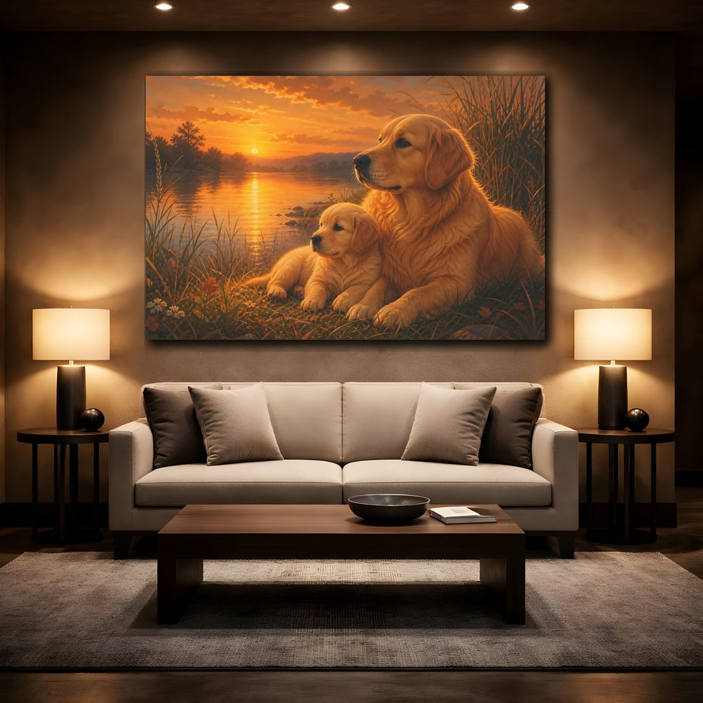 Mockup 2. Animals Golden Retrievers Golden Sunset Dogs shown as canvas print