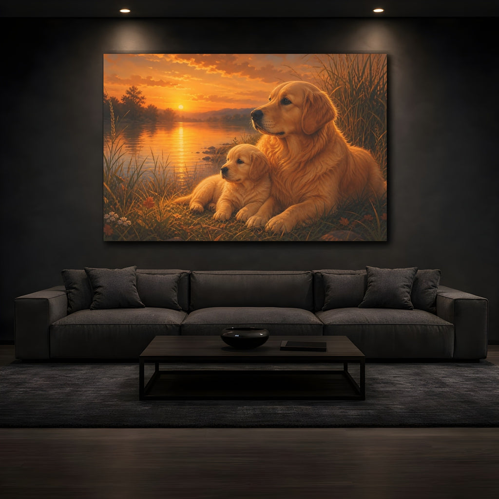 Mockup 3. Animals Golden Retrievers Golden Sunset Dogs shown as canvas print
