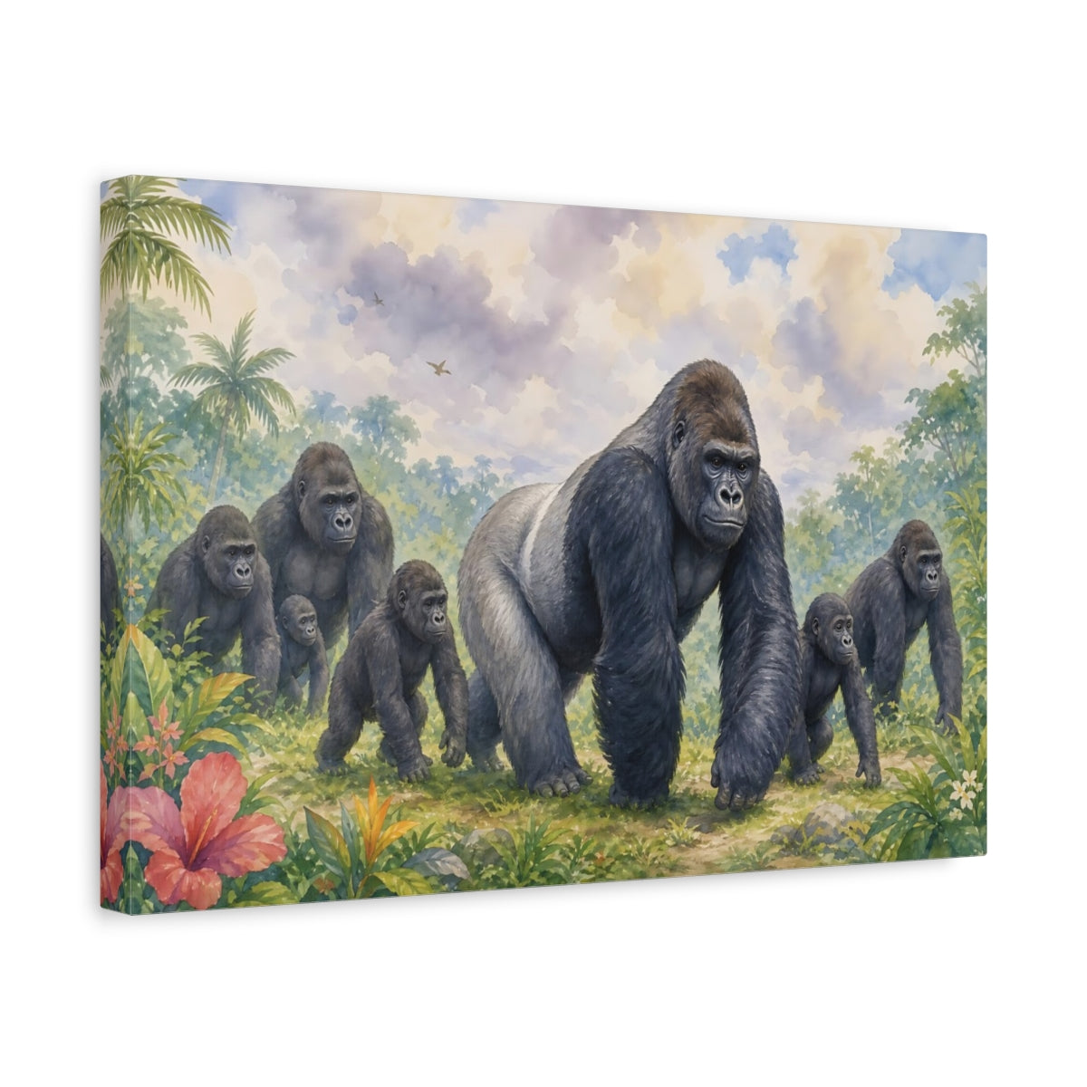 Side Mockup 4. Animals Gorilla Family Jungle Gorillas shown as stretched canvas wall art