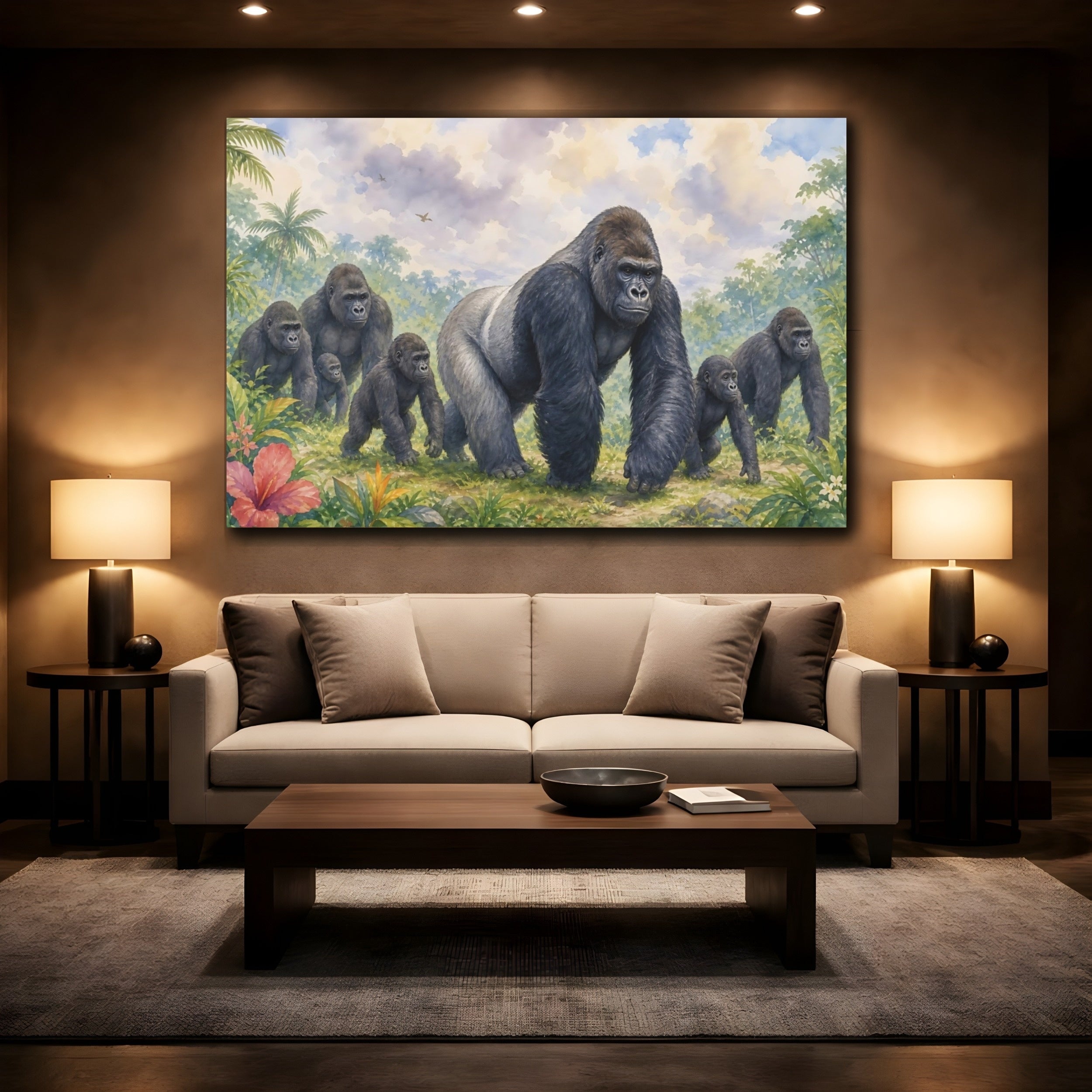Mockup 2. Animals Gorilla Family Jungle Gorillas shown as stretched canvas wall art