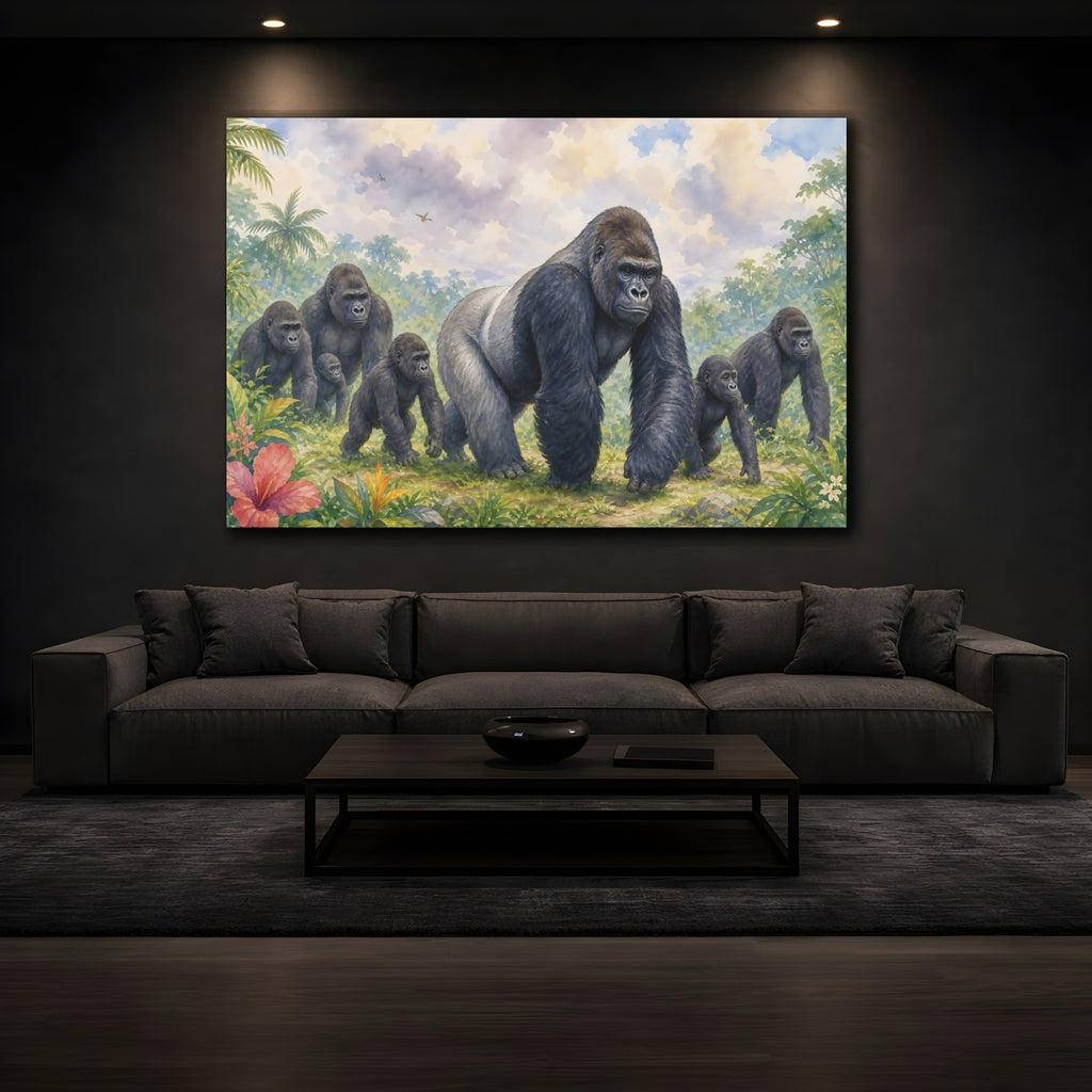 Mockup 3. Animals Gorilla Family Jungle Gorillas shown as stretched canvas wall art