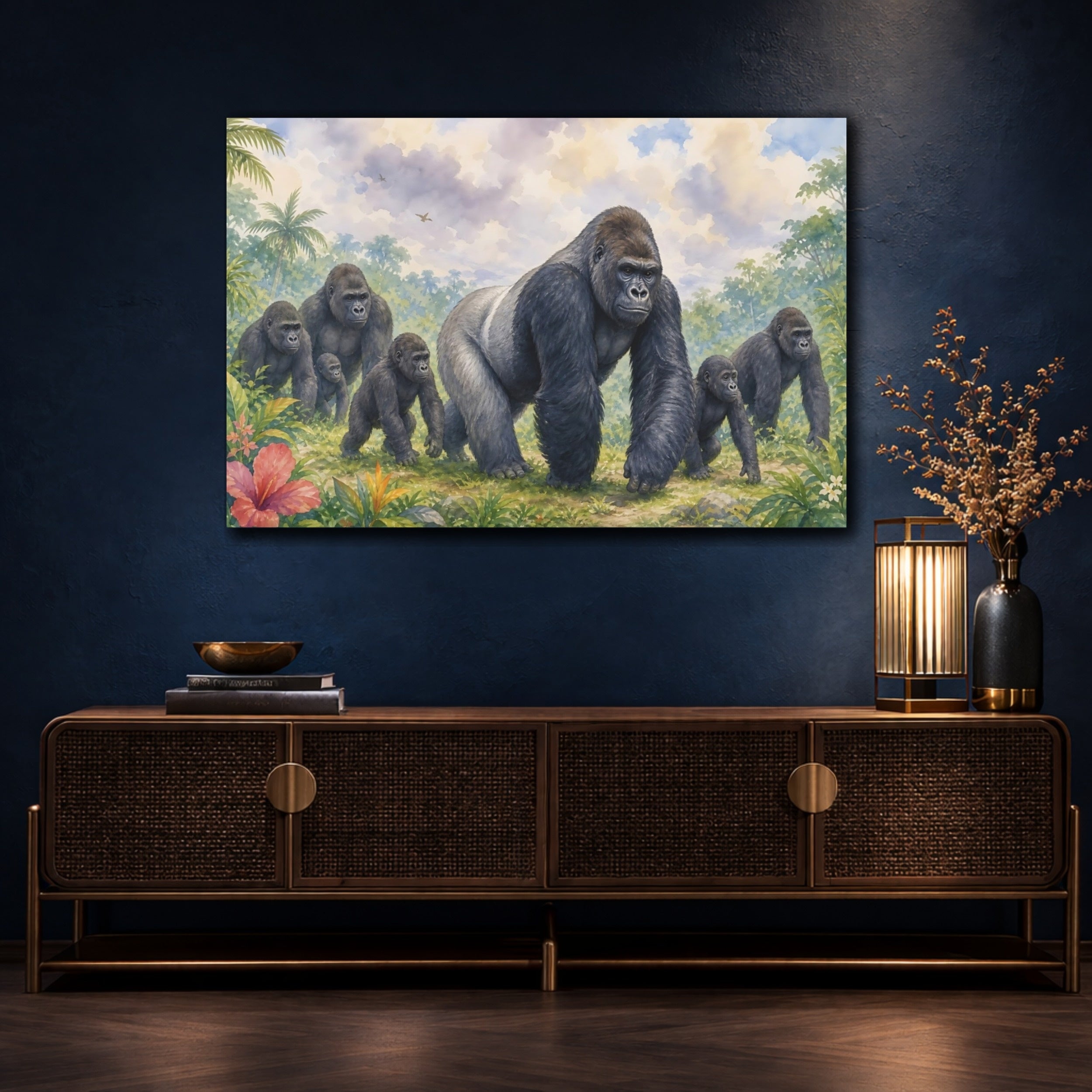 Mockup 4. Animals Gorilla Family Jungle Gorillas shown as stretched canvas wall art