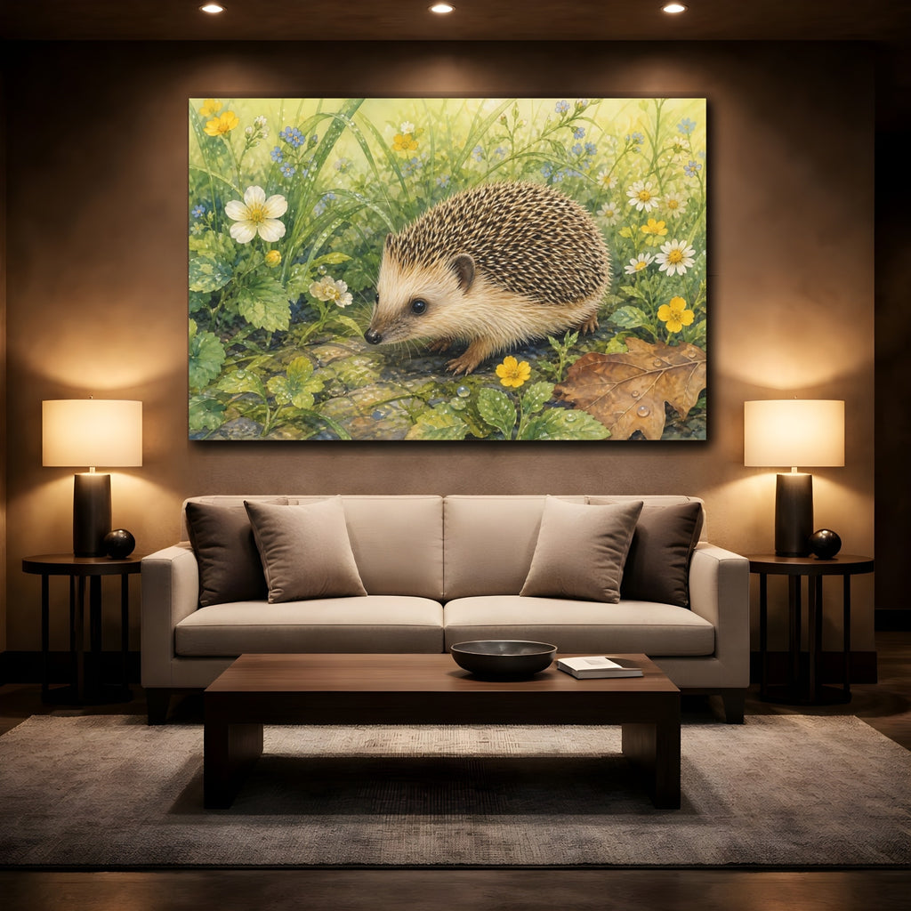 Mockup 2. Animals Hedgehog Hedgehog Wildflowers shown as canvas print