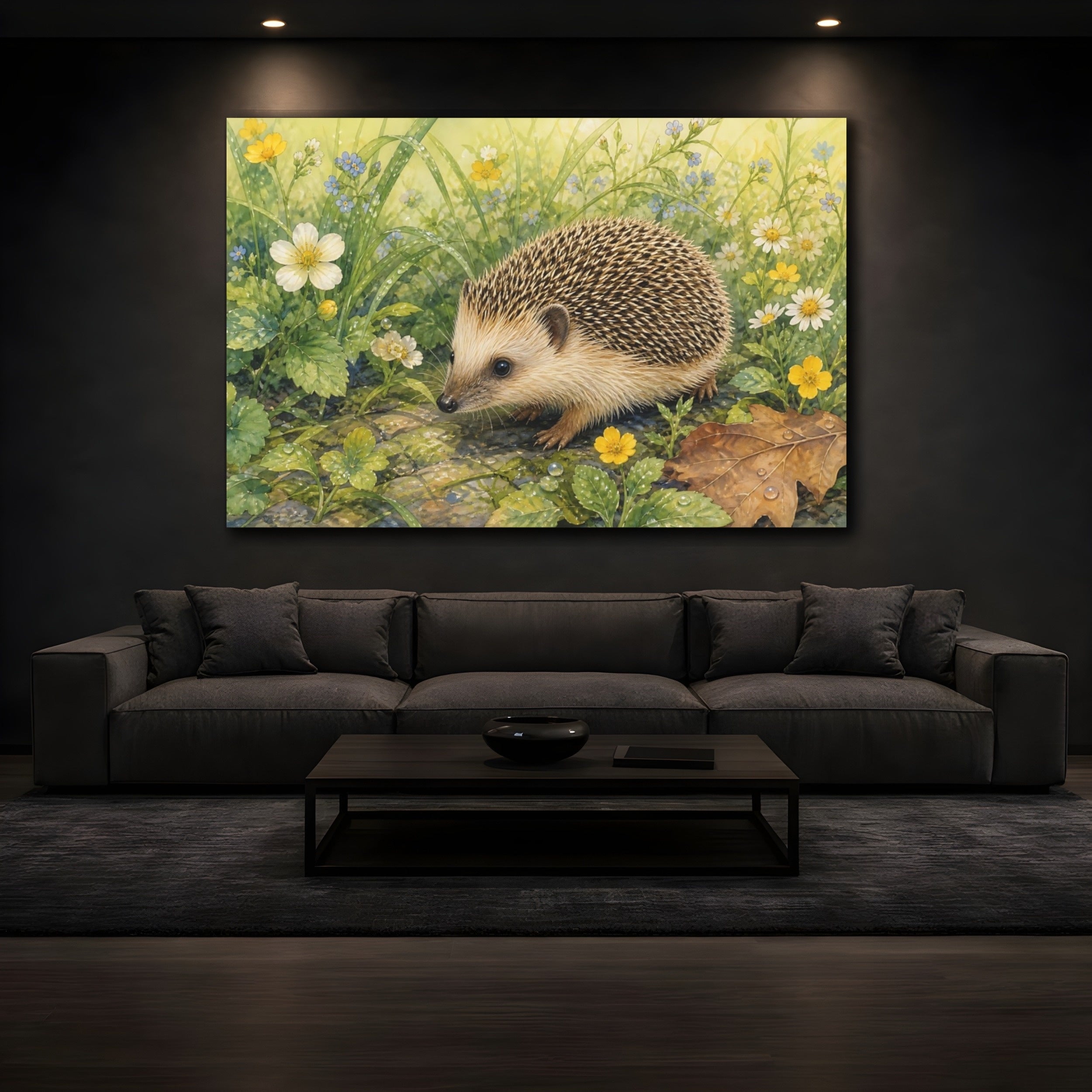 Mockup 3. Animals Hedgehog Hedgehog Wildflowers shown as canvas print