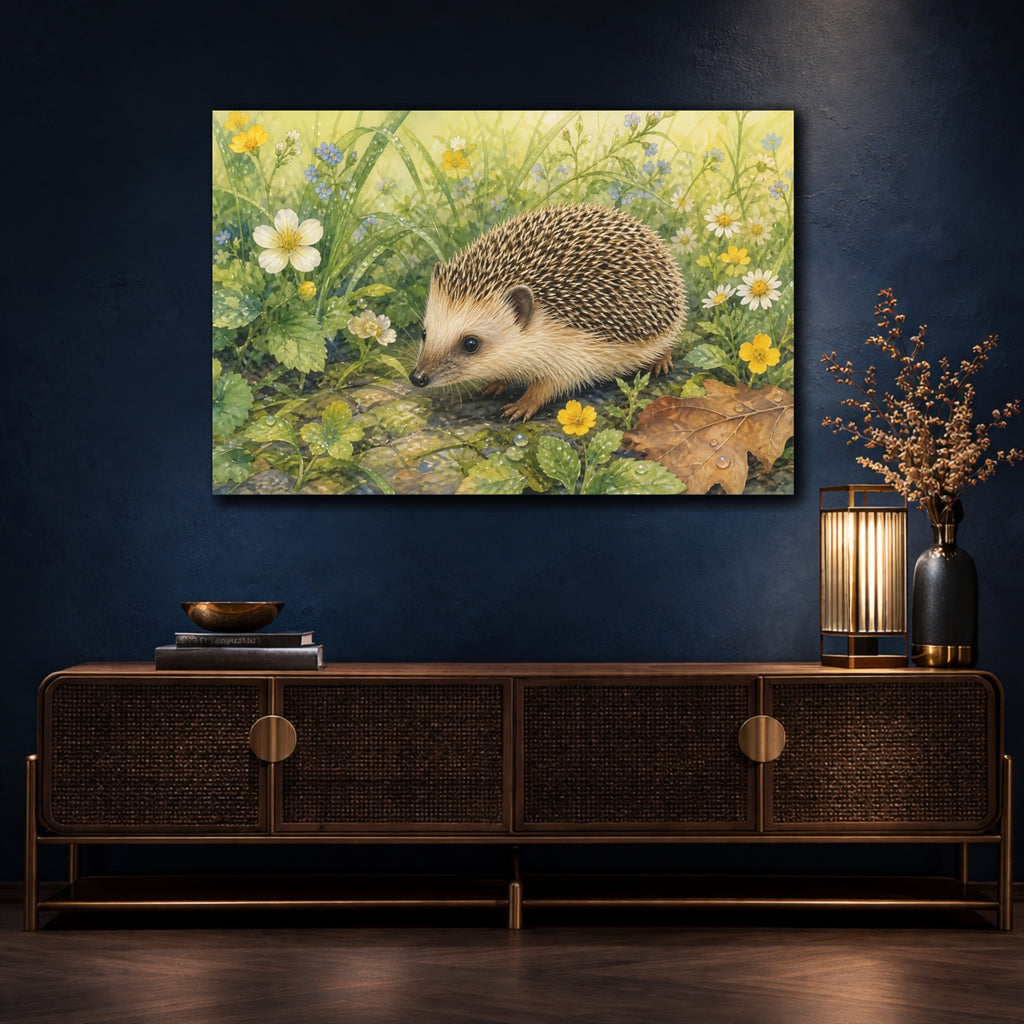 Mockup 4. Animals Hedgehog Hedgehog Wildflowers shown as canvas print