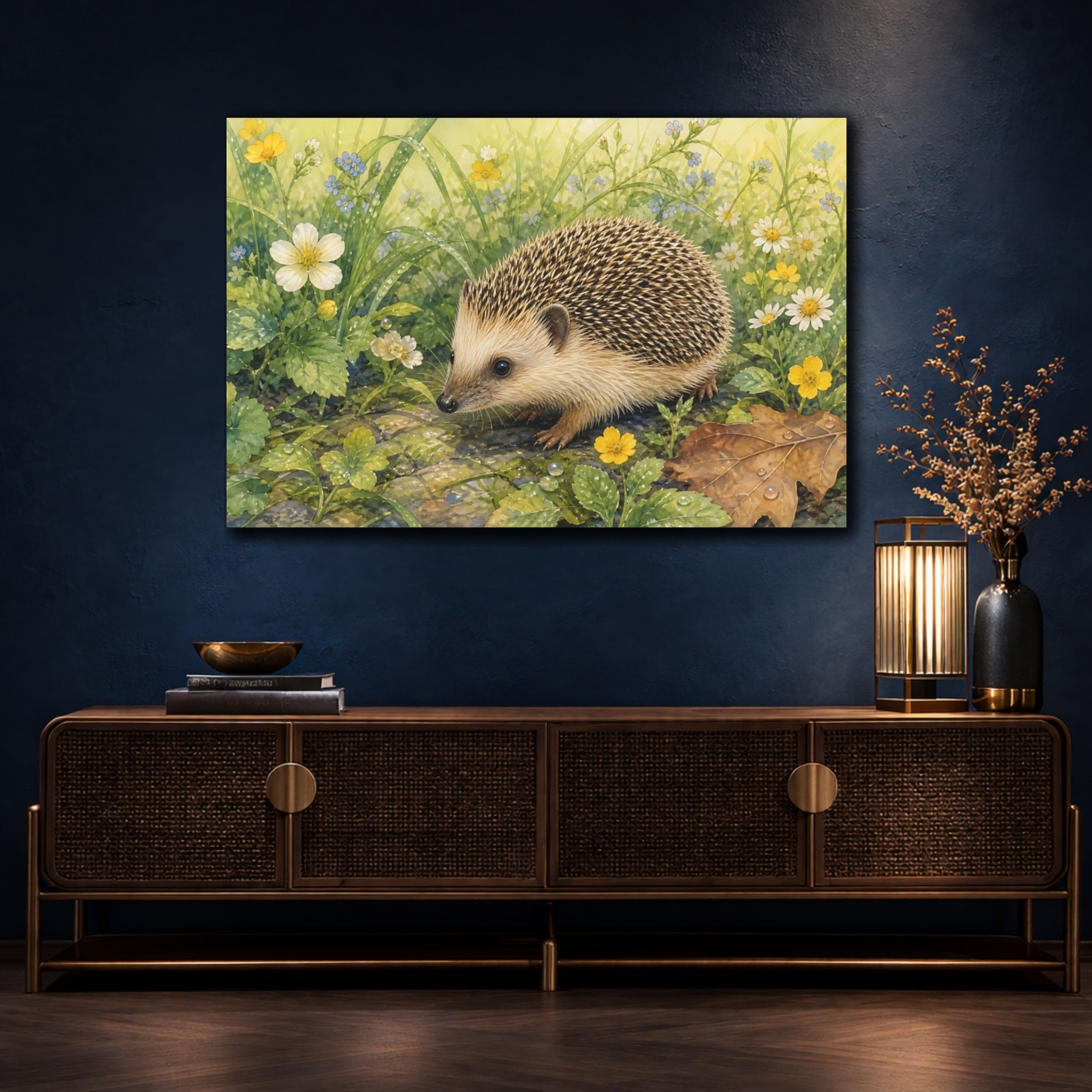 Mockup 4. Animals Hedgehog Hedgehog Wildflowers shown as canvas print