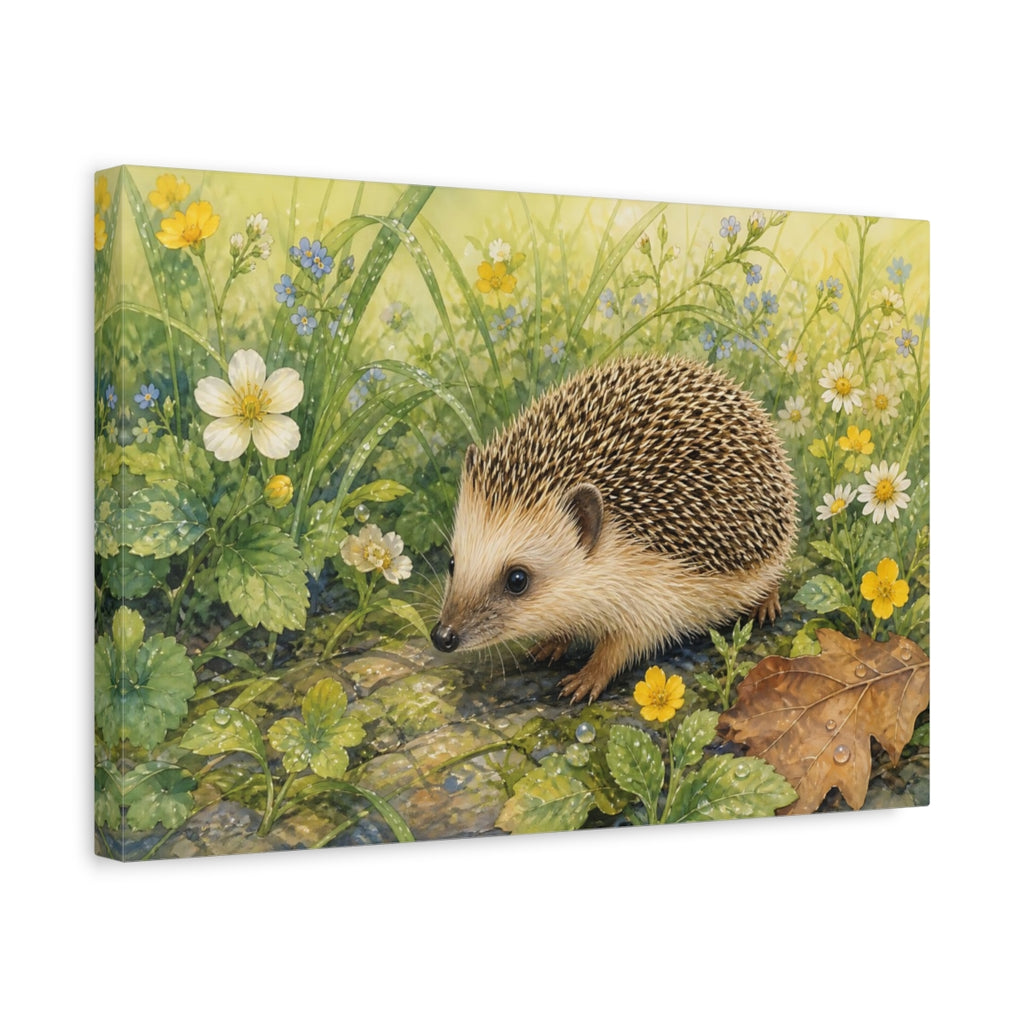 Side Mockup 4. Animals Hedgehog Hedgehog Wildflowers shown as canvas print
