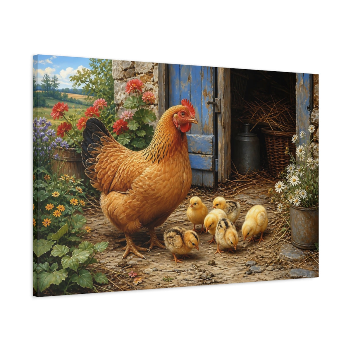 Main Mockup. Animals Hen And Chicks Rustic Farm Animals shown as stretched canvas wall art