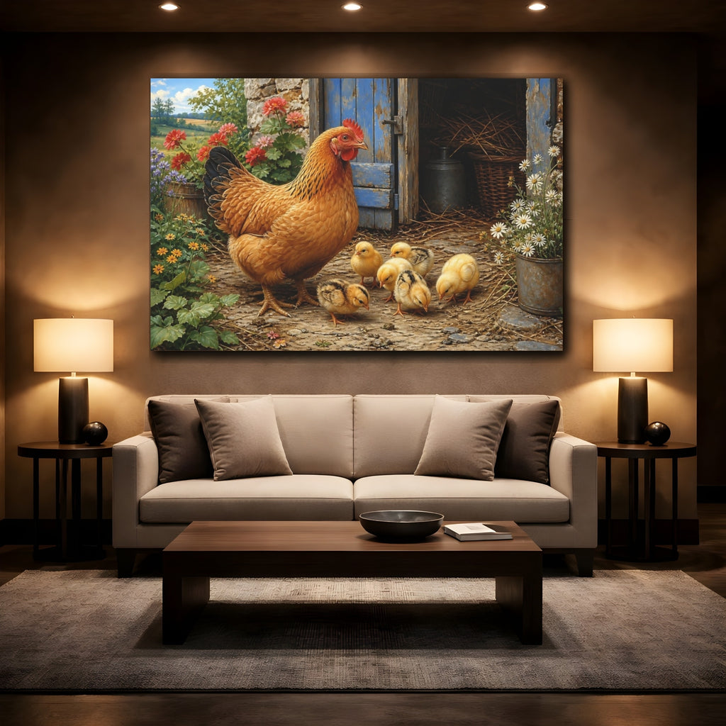 Mockup 2. Animals Hen And Chicks Rustic Farm Animals shown as stretched canvas wall art