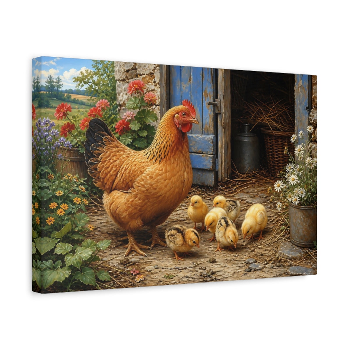 Side Mockup 4. Animals Hen And Chicks Rustic Farm Animals shown as stretched canvas wall art
