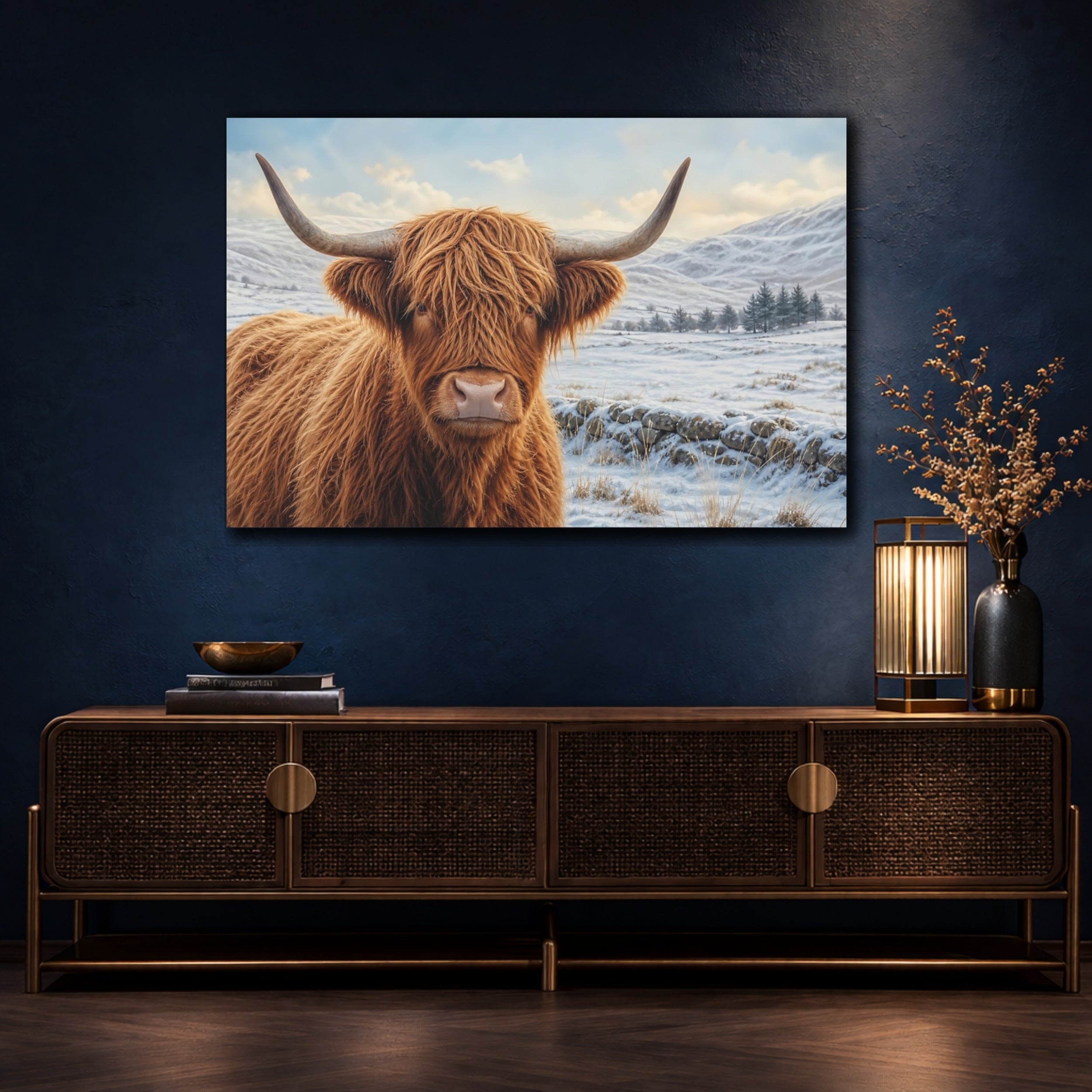 Mockup 4. Animals Highland Cow Highland Cow Winter shown as canvas print