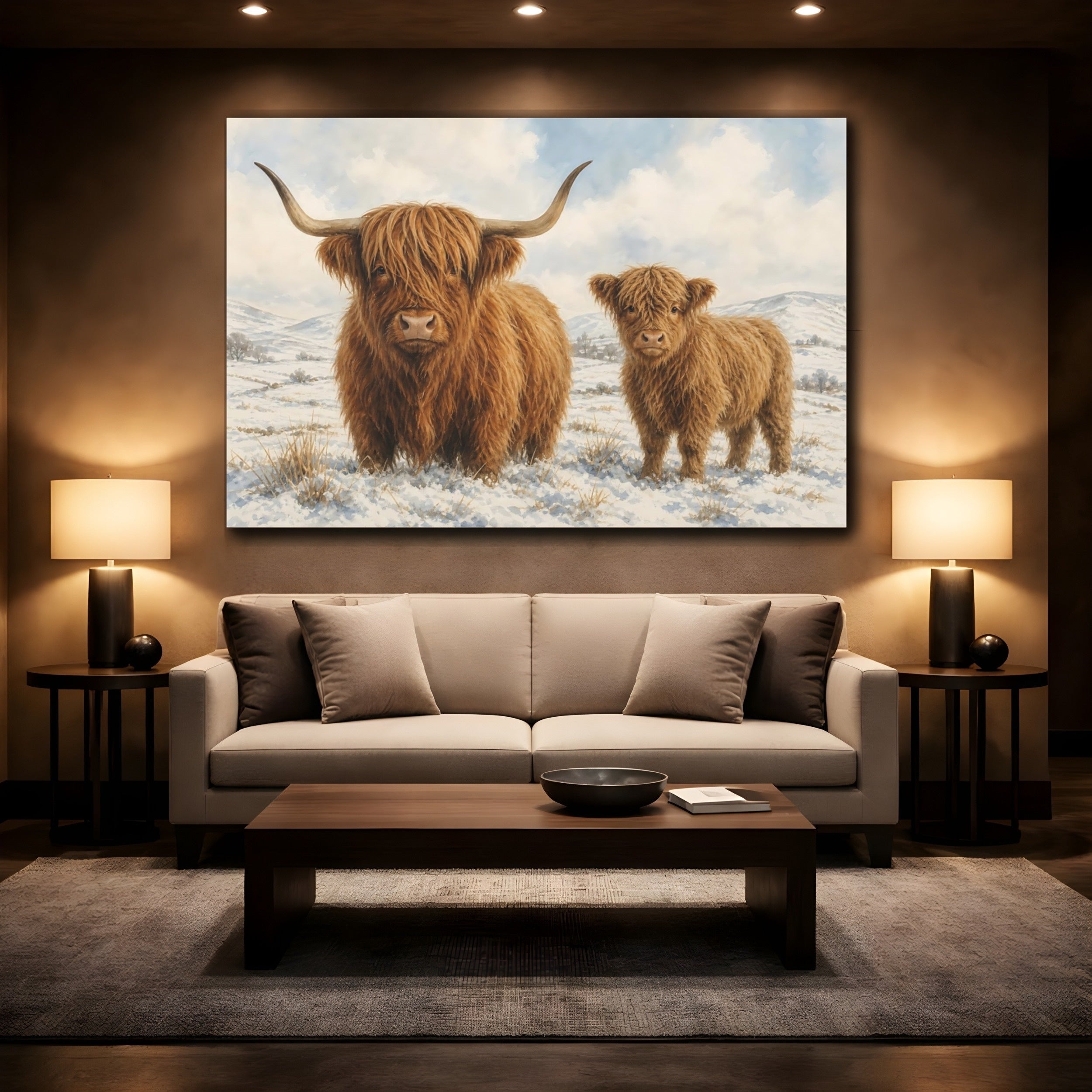 Mockup 2. Animals Highland Cows Brown Highland Cows shown as canvas print
