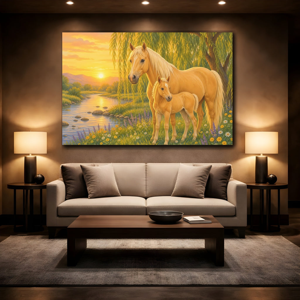 Mockup 2. Animals Horse And Foal Golden Horses shown as canvas print