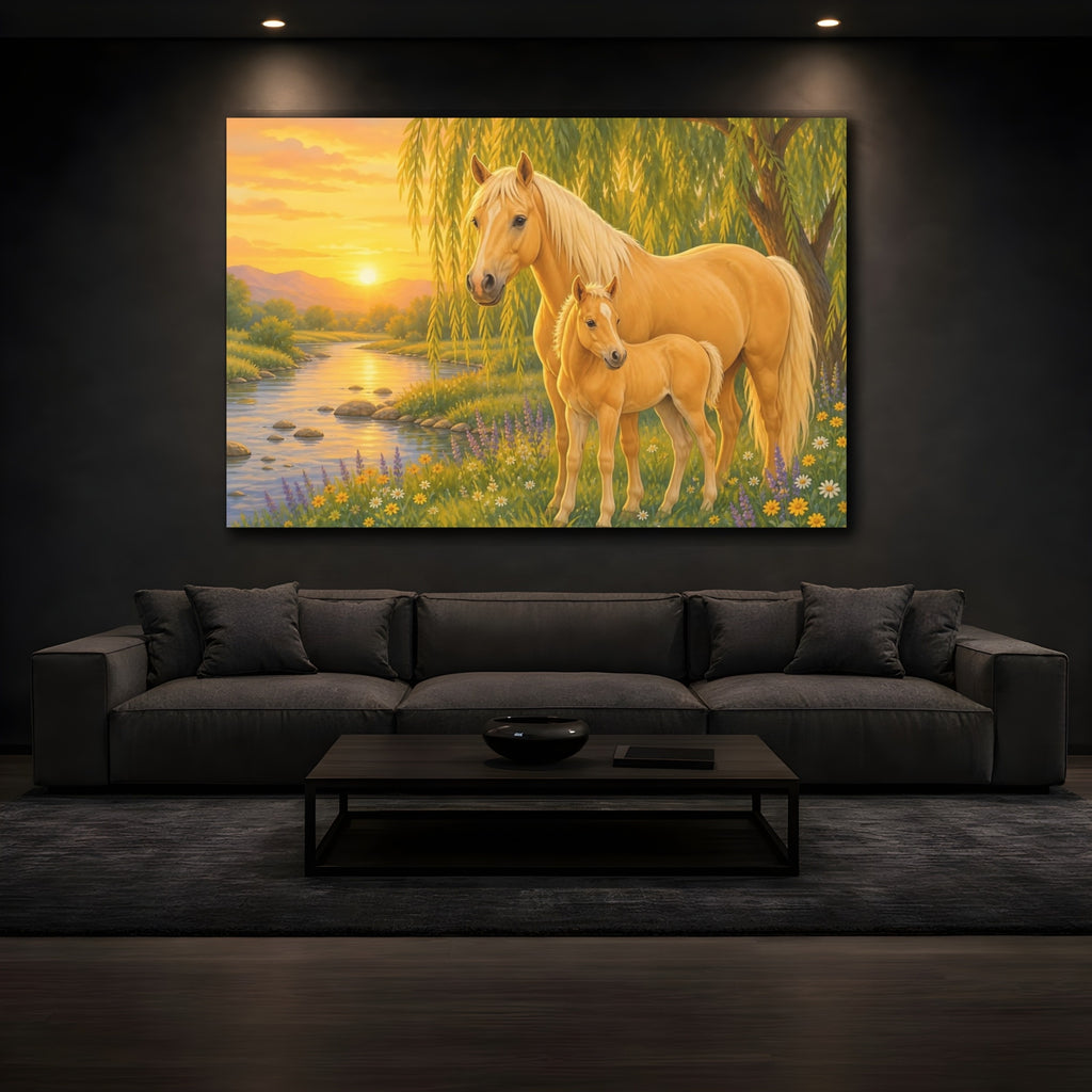 Mockup 3. Animals Horse And Foal Golden Horses shown as canvas print