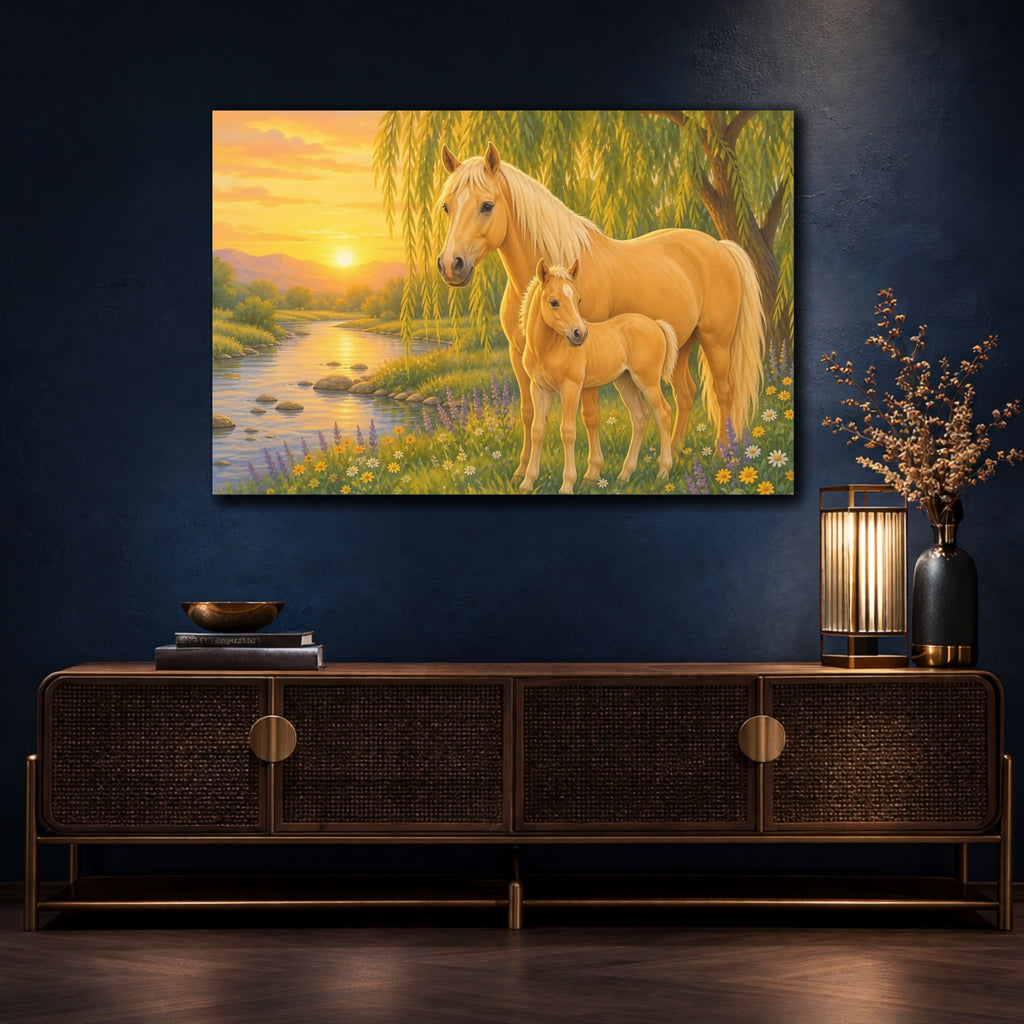 Mockup 4. Animals Horse And Foal Golden Horses shown as canvas print