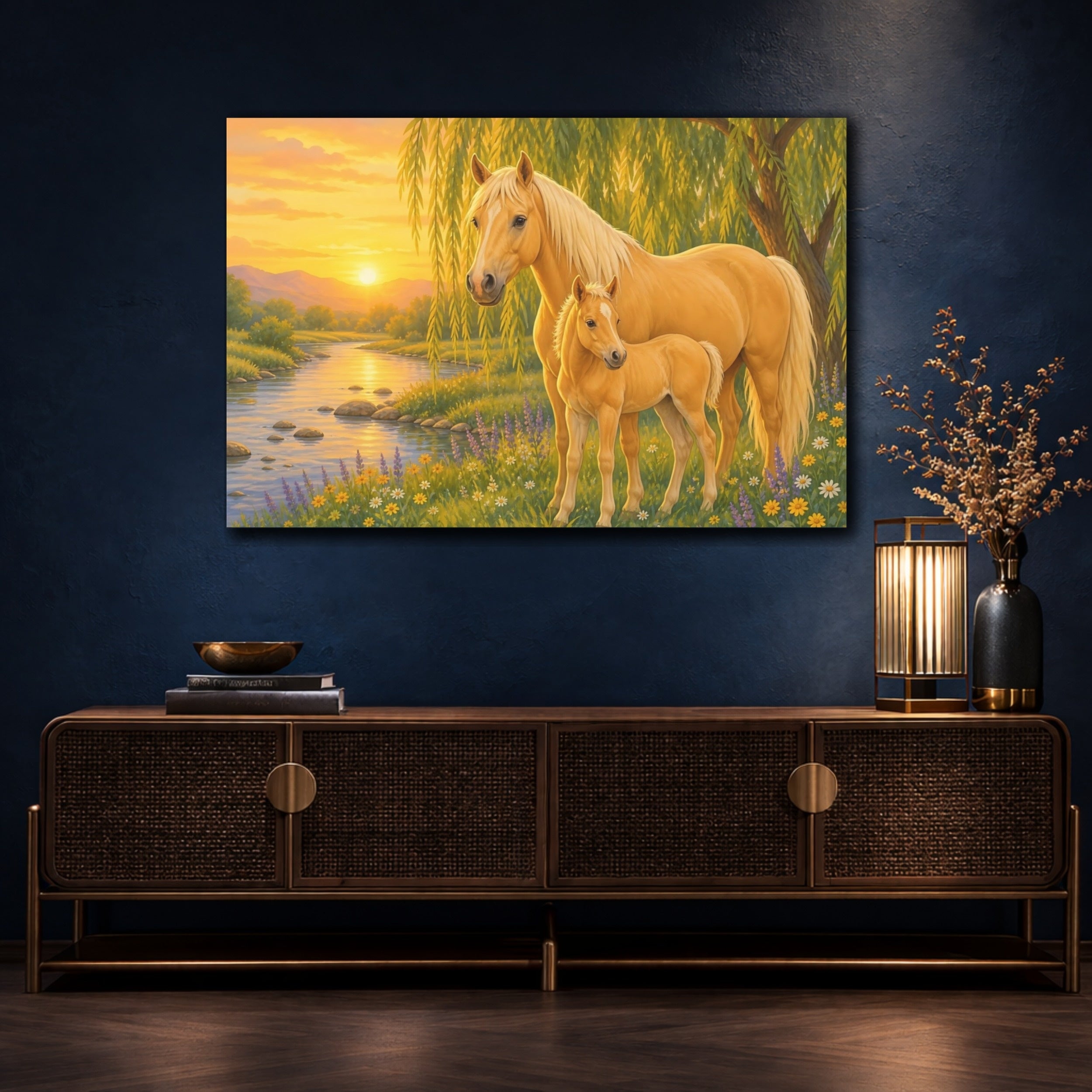 Mockup 4. Animals Horse And Foal Golden Horses shown as canvas print