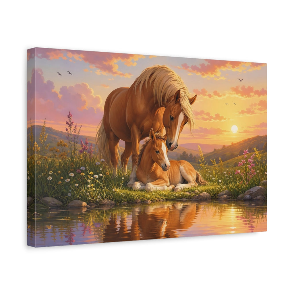 Side Mockup 4. Animals Horse Family Orange And Pink shown as stretched canvas wall art