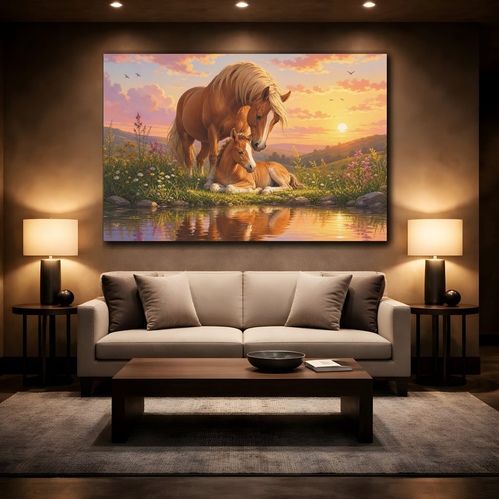 Mockup 2. Animals Horse Family Orange And Pink shown as stretched canvas wall art