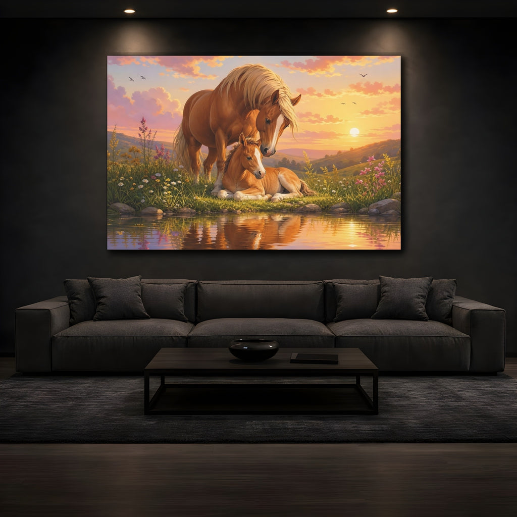 Mockup 3. Animals Horse Family Orange And Pink shown as stretched canvas wall art