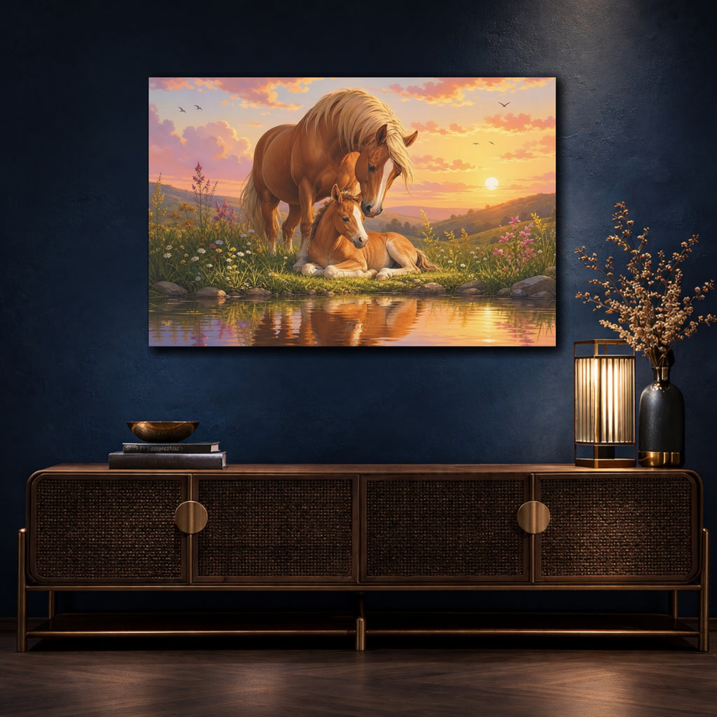 Mockup 4. Animals Horse Family Orange And Pink shown as stretched canvas wall art