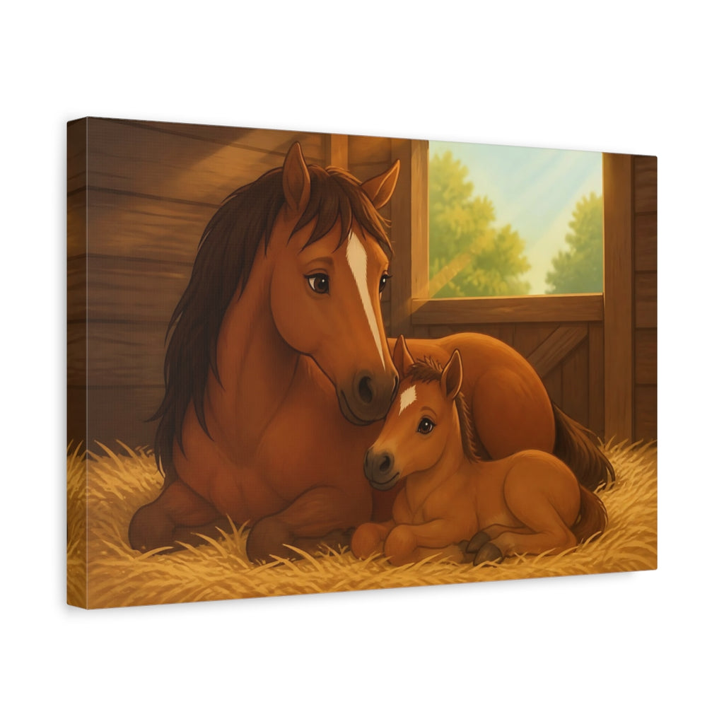 Side Mockup 4. Animals Horses Brown And Gold shown as stretched canvas wall art