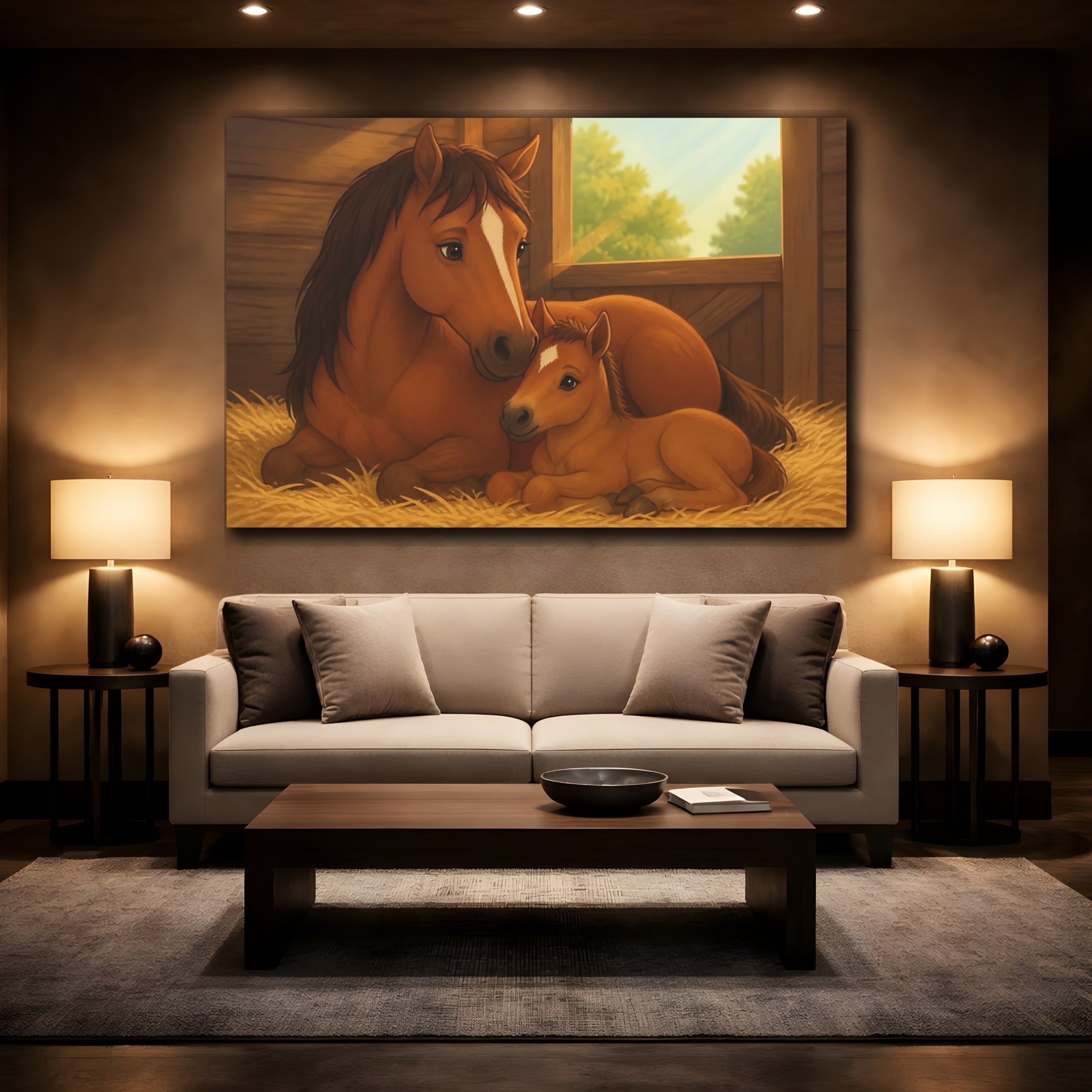 Mockup 2. Animals Horses Brown And Gold shown as stretched canvas wall art