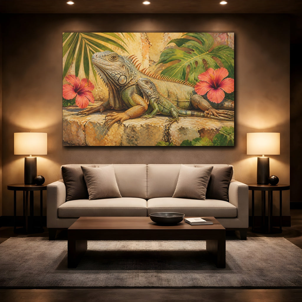 Mockup 2. Animals Iguanas Green Iguana shown as stretched canvas wall art