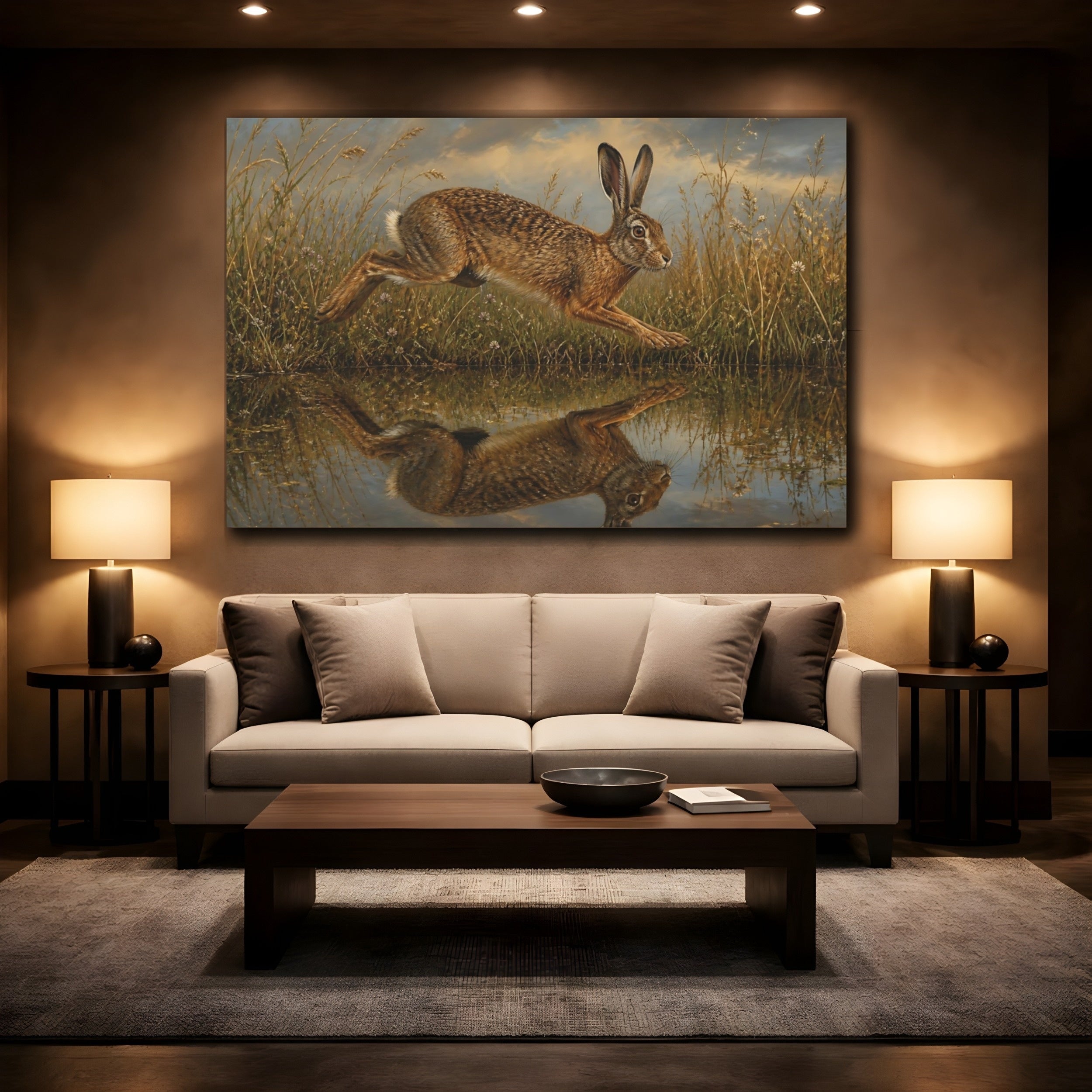 Mockup 2. Animals Leaping Hare Brown Hare shown as stretched canvas wall art