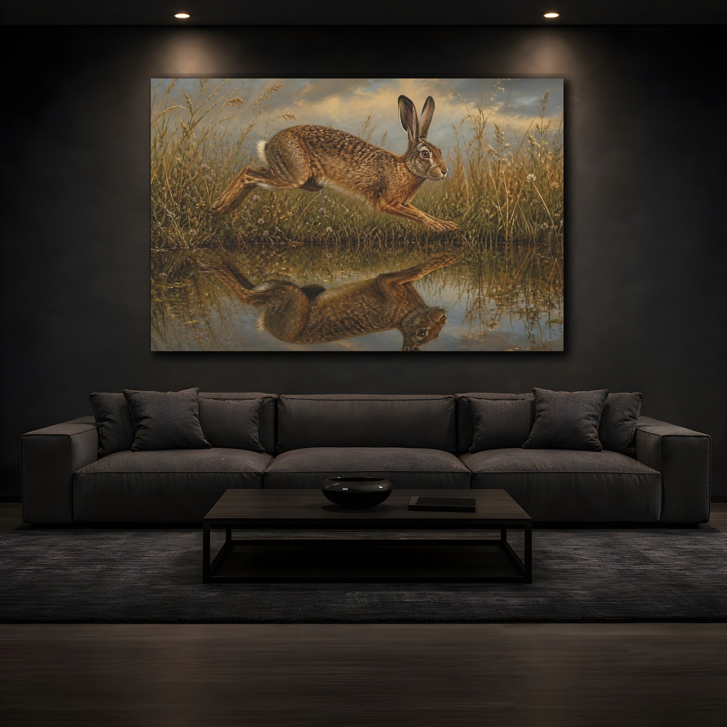 Mockup 3. Animals Leaping Hare Brown Hare shown as stretched canvas wall art