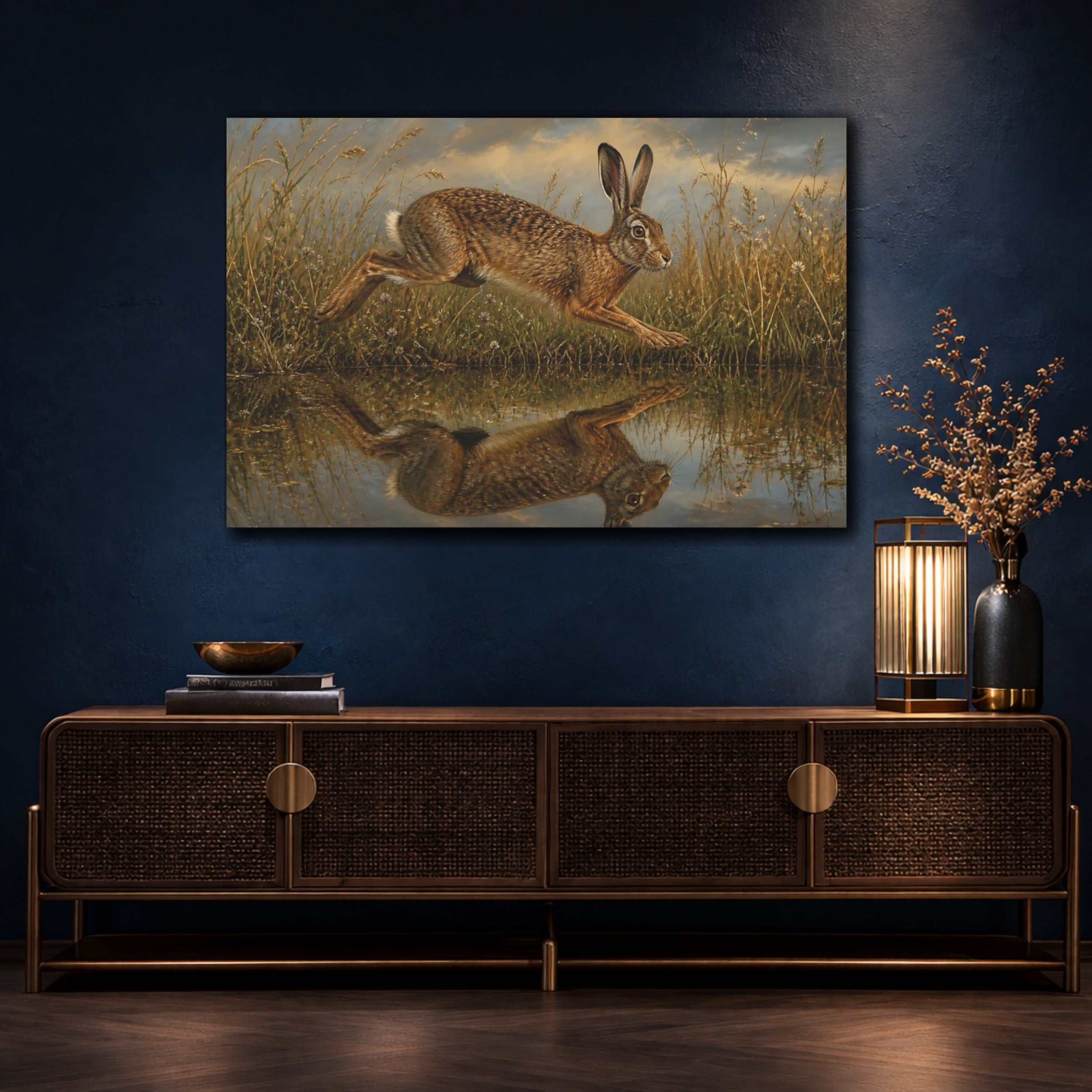 Mockup 4. Animals Leaping Hare Brown Hare shown as stretched canvas wall art
