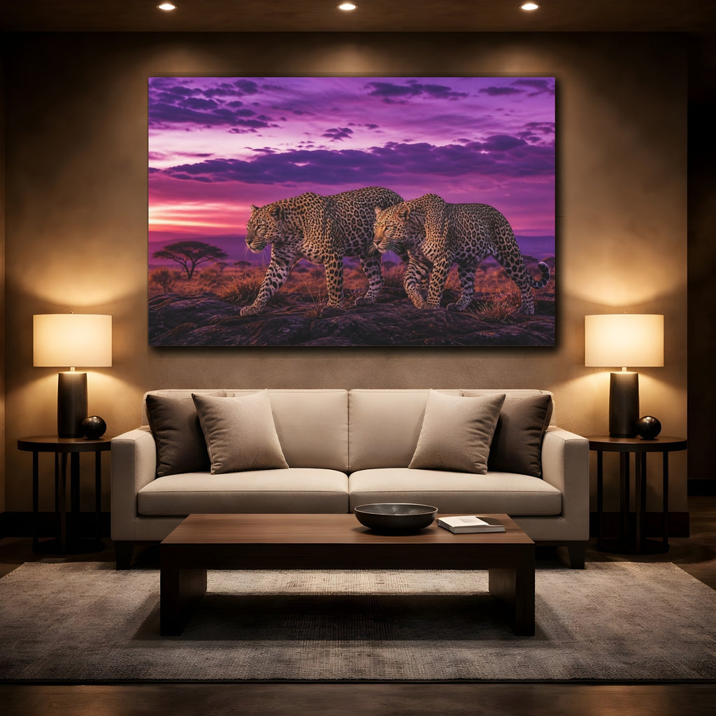 Mockup 2. Animals Leopards Purple Leopard shown as canvas print