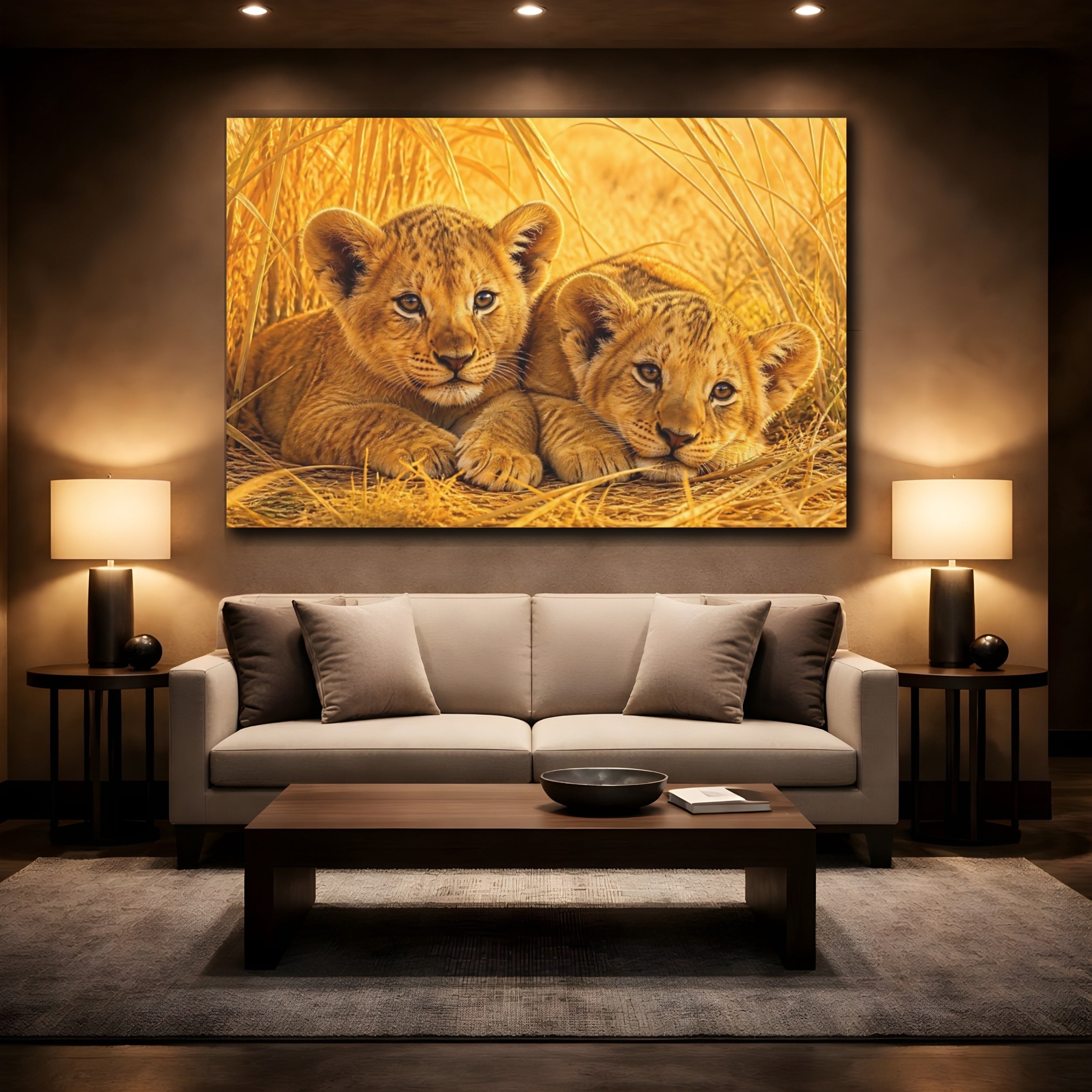 Mockup 2. Animals Lion Cubs Golden Lion Cubs shown as stretched canvas wall art