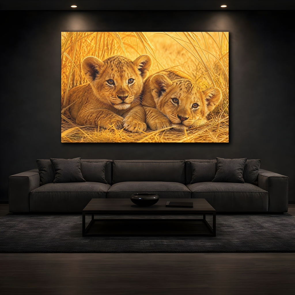 Mockup 3. Animals Lion Cubs Golden Lion Cubs shown as stretched canvas wall art