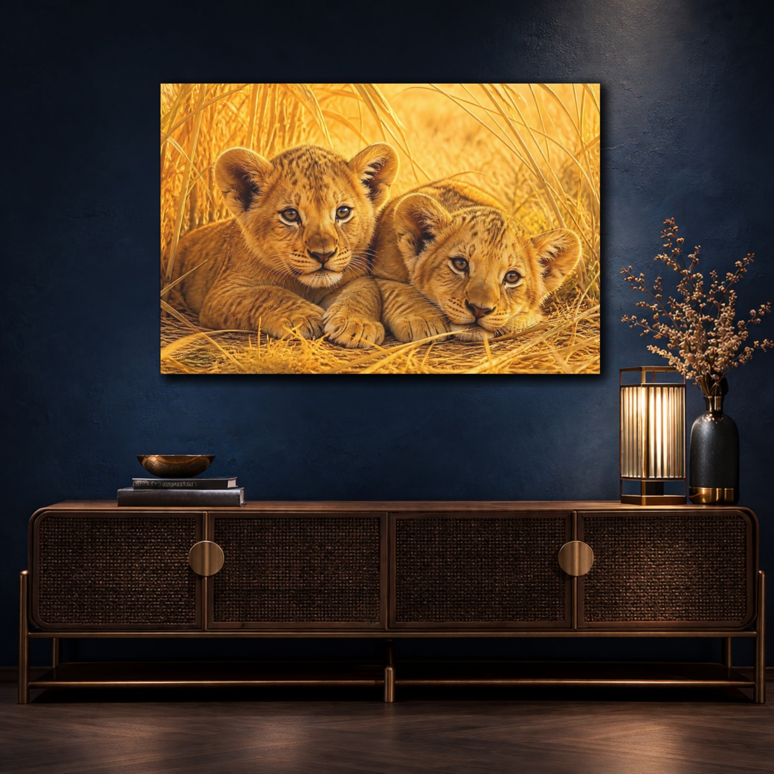 Mockup 4. Animals Lion Cubs Golden Lion Cubs shown as stretched canvas wall art