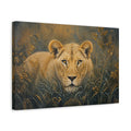 Side Mockup 4. Animals Lioness Brown And Gold shown as stretched canvas wall art