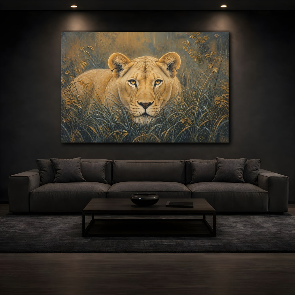 Mockup 3. Animals Lioness Brown And Gold shown as stretched canvas wall art