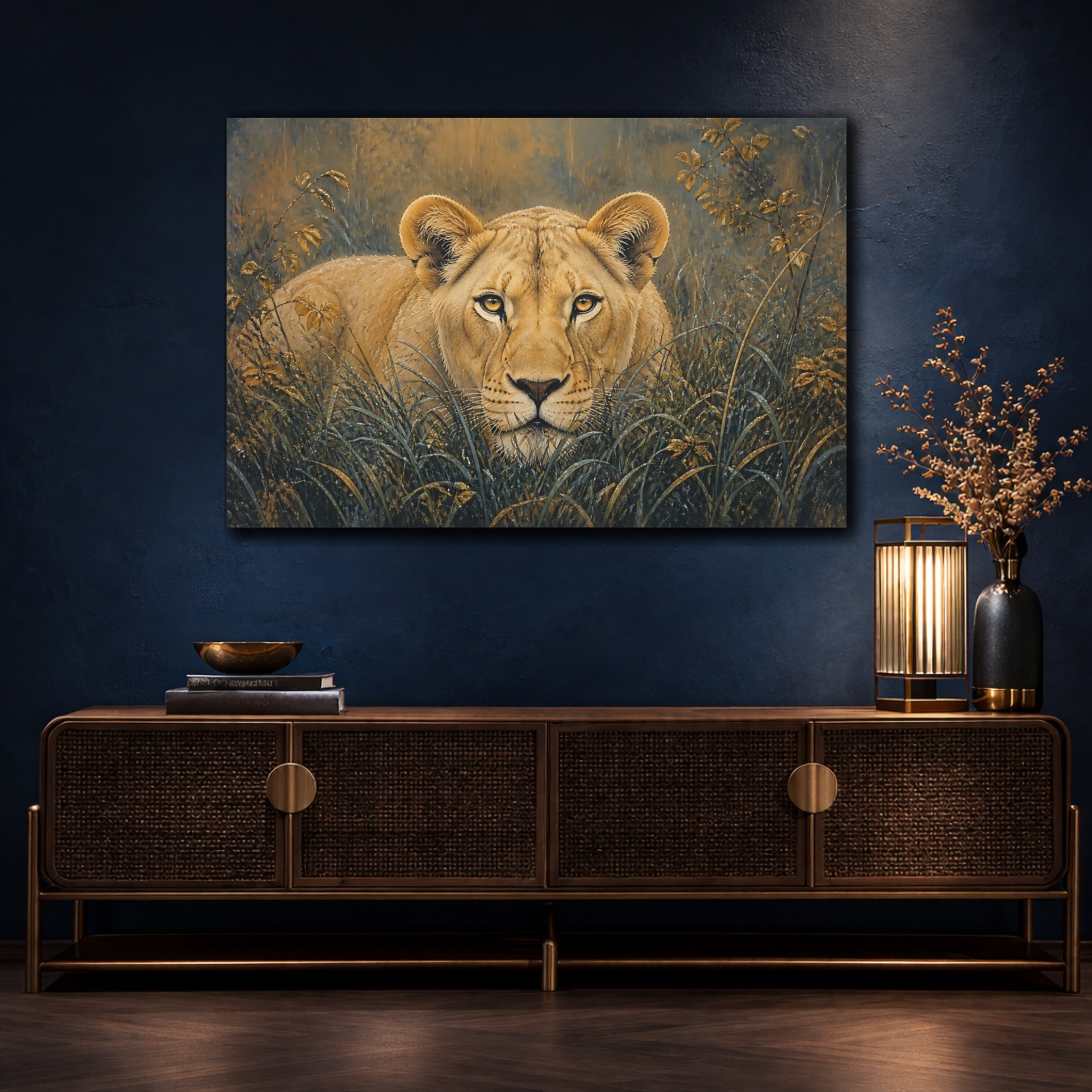 Mockup 4. Animals Lioness Brown And Gold shown as stretched canvas wall art
