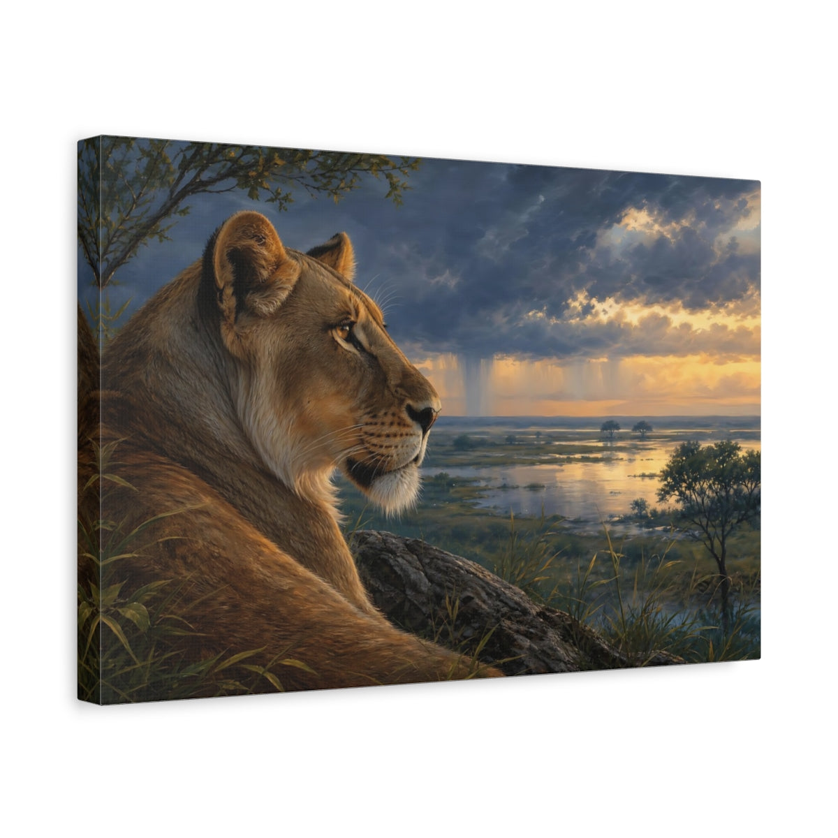 Side Mockup 4. Animals Lioness Golden Lioness shown as stretched canvas wall art