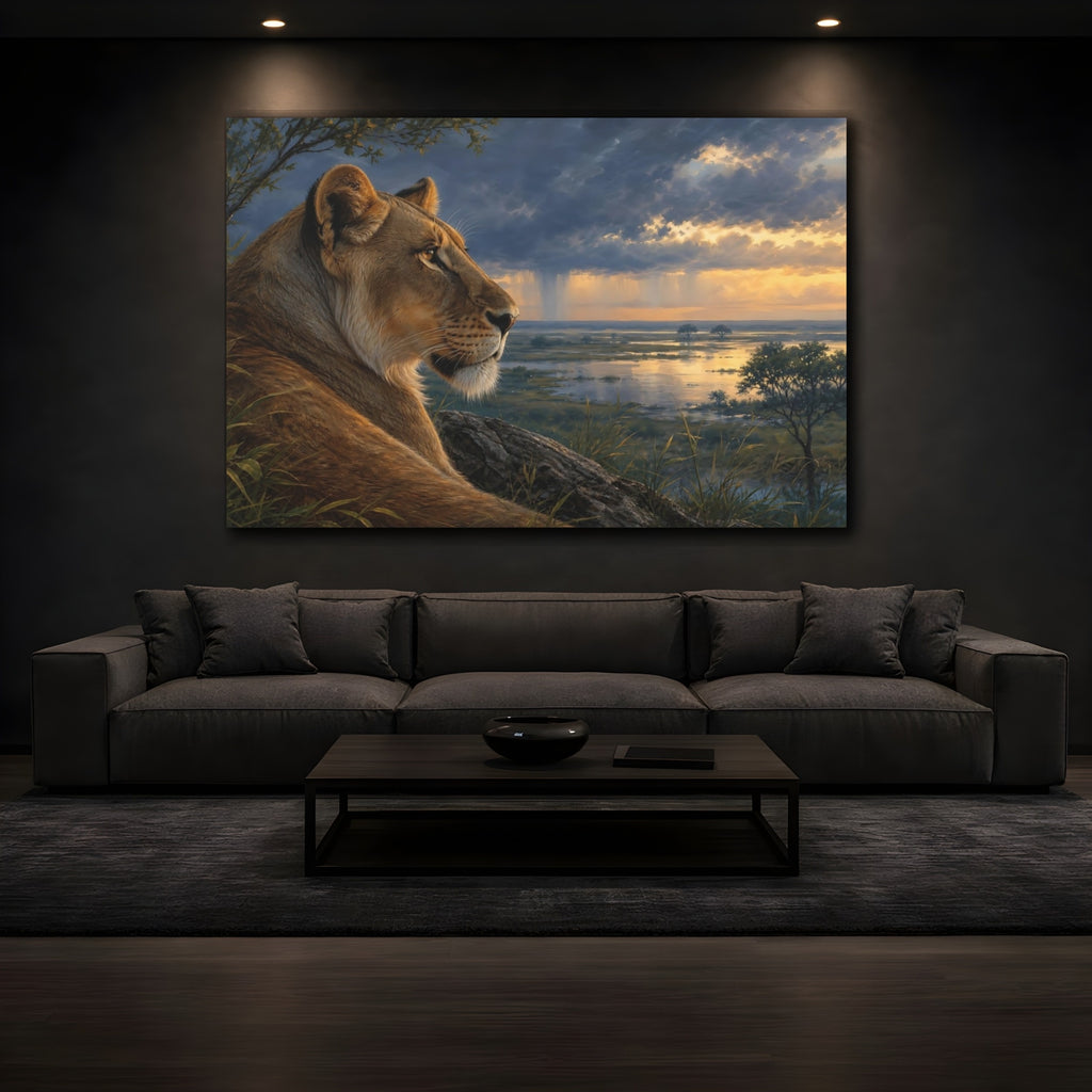 Mockup 3. Animals Lioness Golden Lioness shown as stretched canvas wall art
