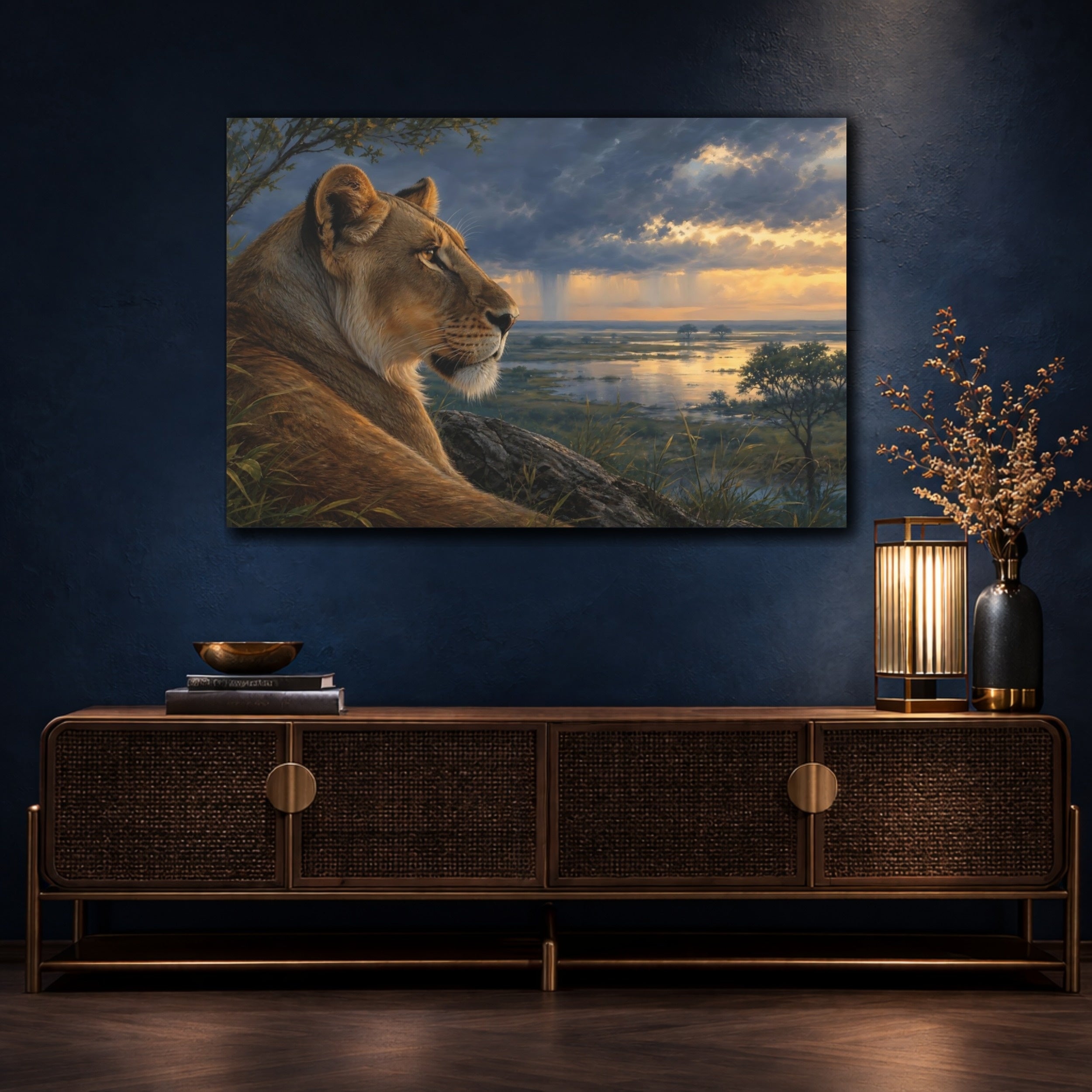 Mockup 4. Animals Lioness Golden Lioness shown as stretched canvas wall art