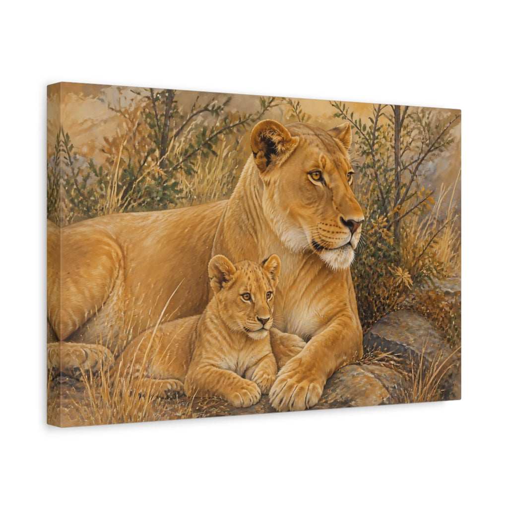 Side Mockup 4. Animals Lions Brown Gold Lions shown as canvas print