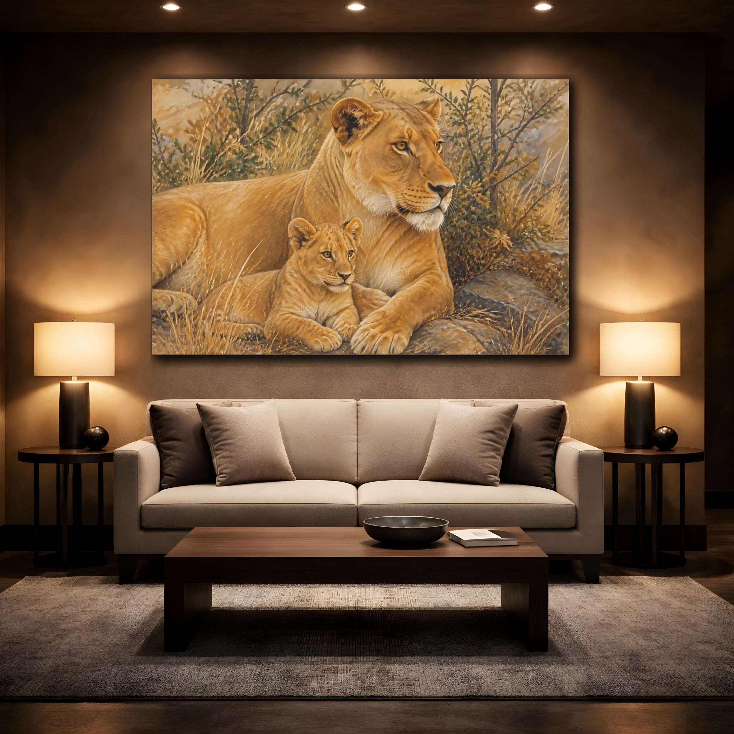 Mockup 2. Animals Lions Brown Gold Lions shown as canvas print