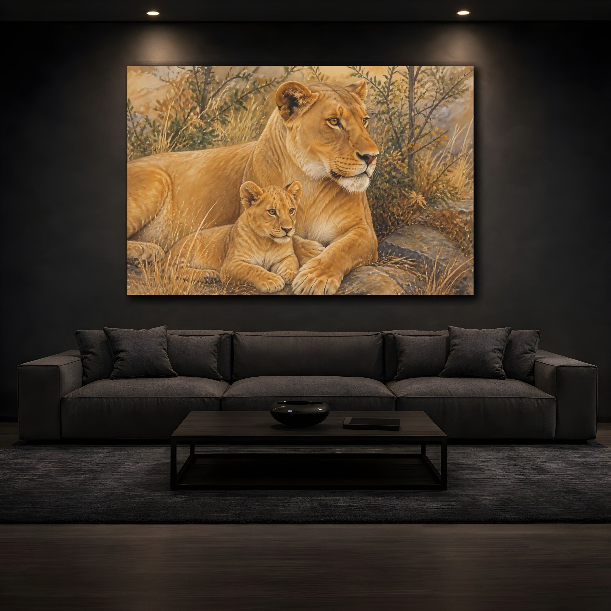 Mockup 3. Animals Lions Brown Gold Lions shown as canvas print