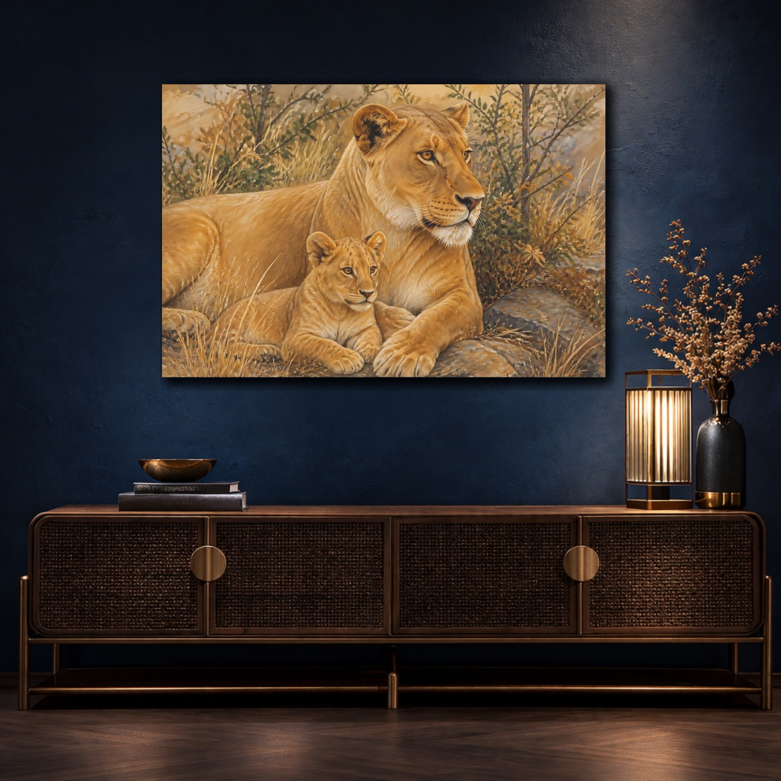Mockup 4. Animals Lions Brown Gold Lions shown as canvas print